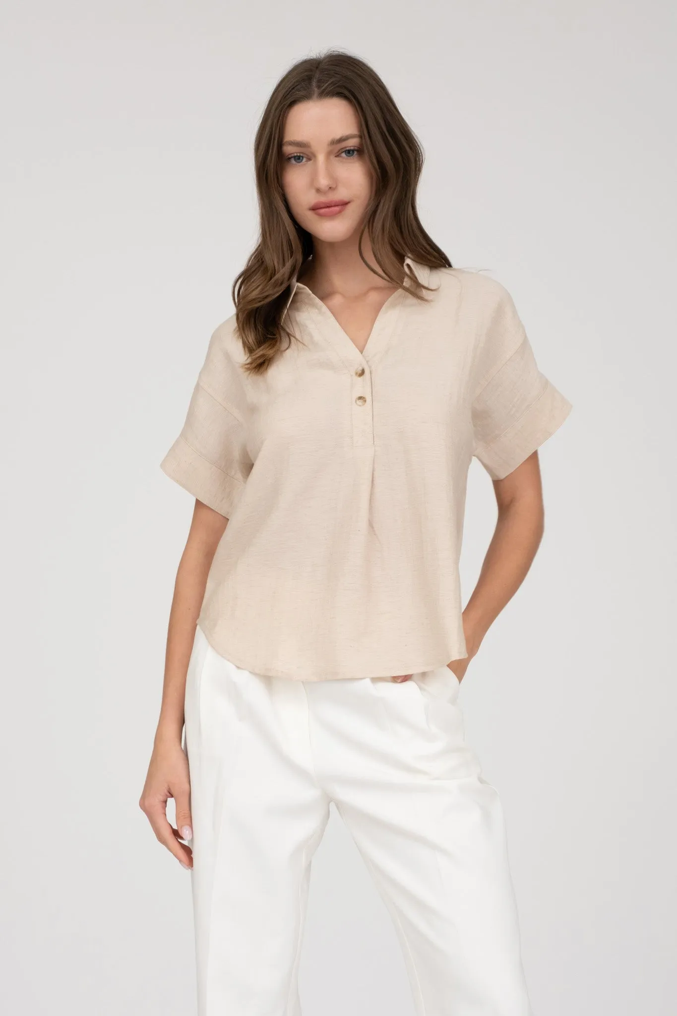 COLLARED HALF BUTTON SHORT SLEEVE SHIRT sold by Blu Pepper product image thumbnail 4