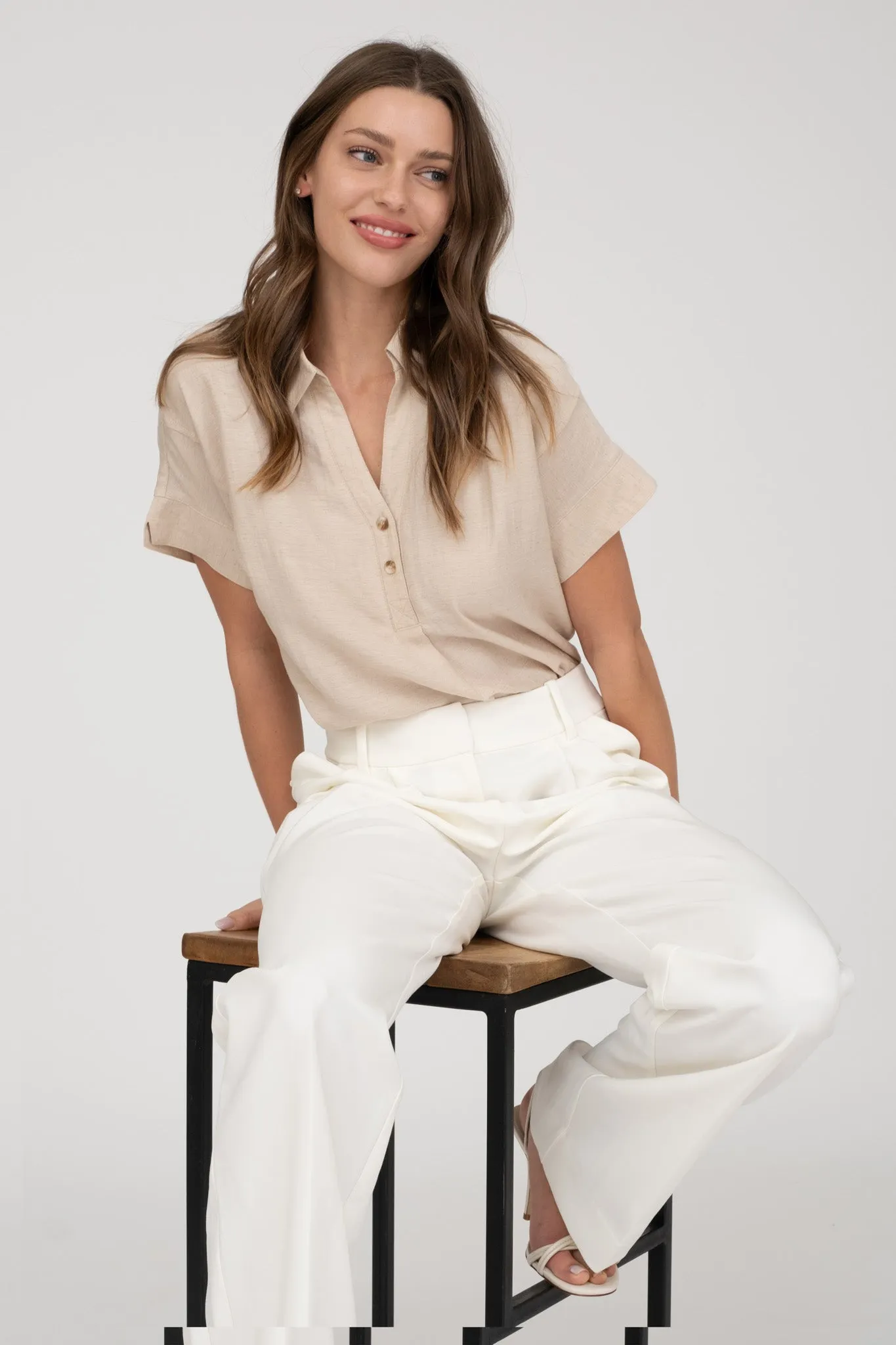 COLLARED HALF BUTTON SHORT SLEEVE SHIRT sold by Blu Pepper