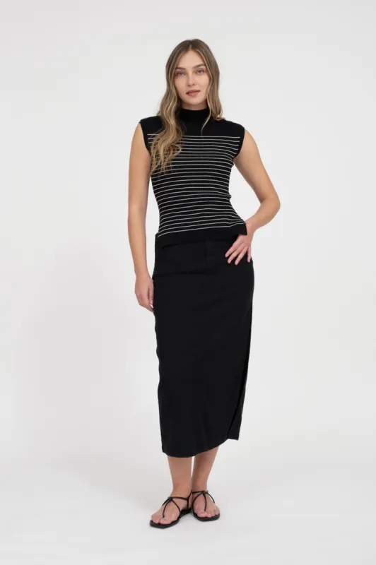 STRIPE MOCK NECK SLEEVELESS SIDE SLIT SWEATER made by Blu Pepper