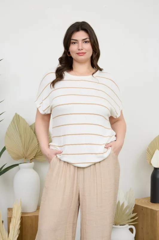 PLUS STRIPE ROUND NECK SHORT CUFF SLEEVE KNIT TOP sold by Blu Pepper