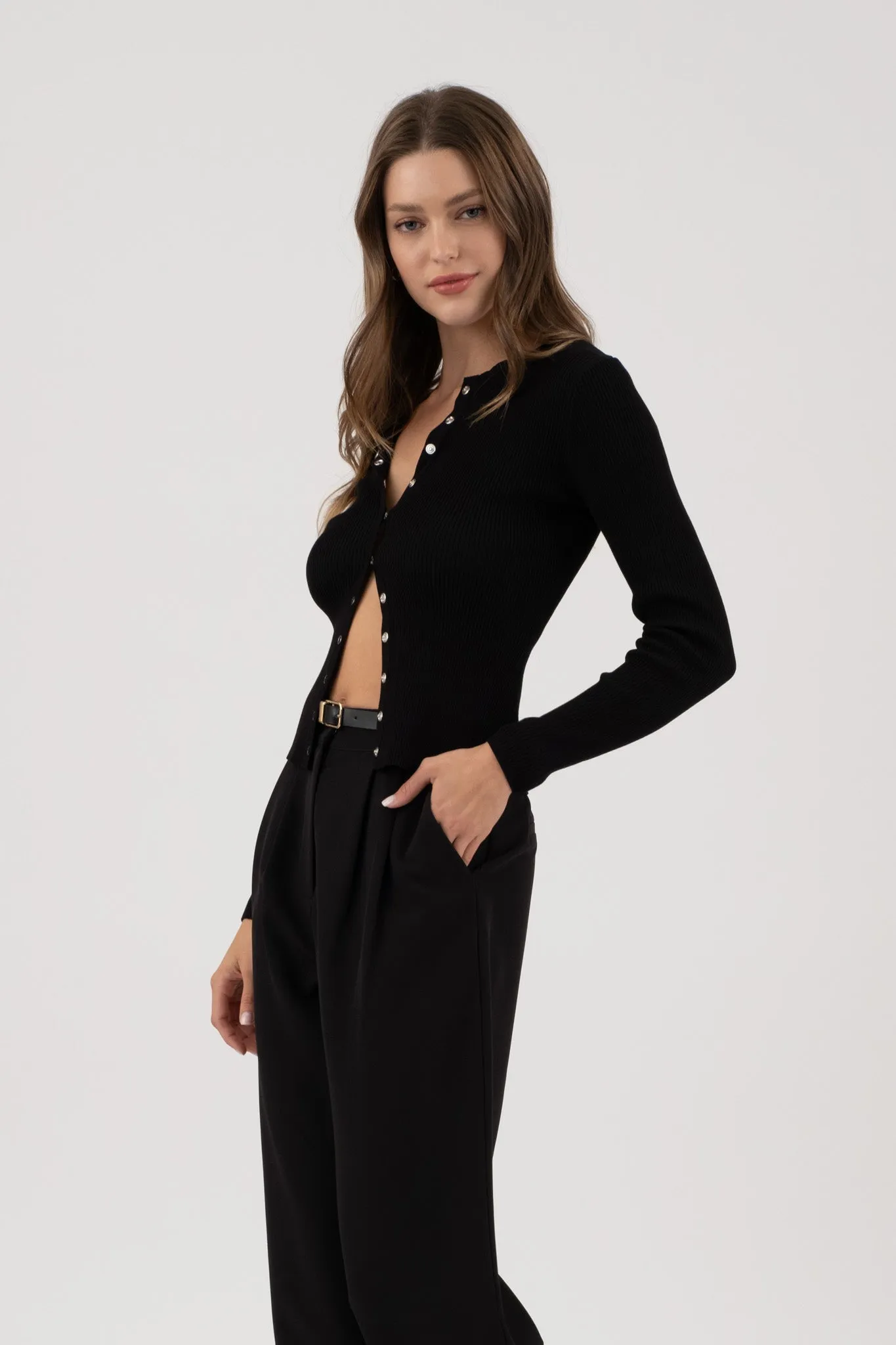 SNAP BUTTON DOWN ROUND NECK KNIT CARDIGAN sold by Blu Pepper product image thumbnail 3