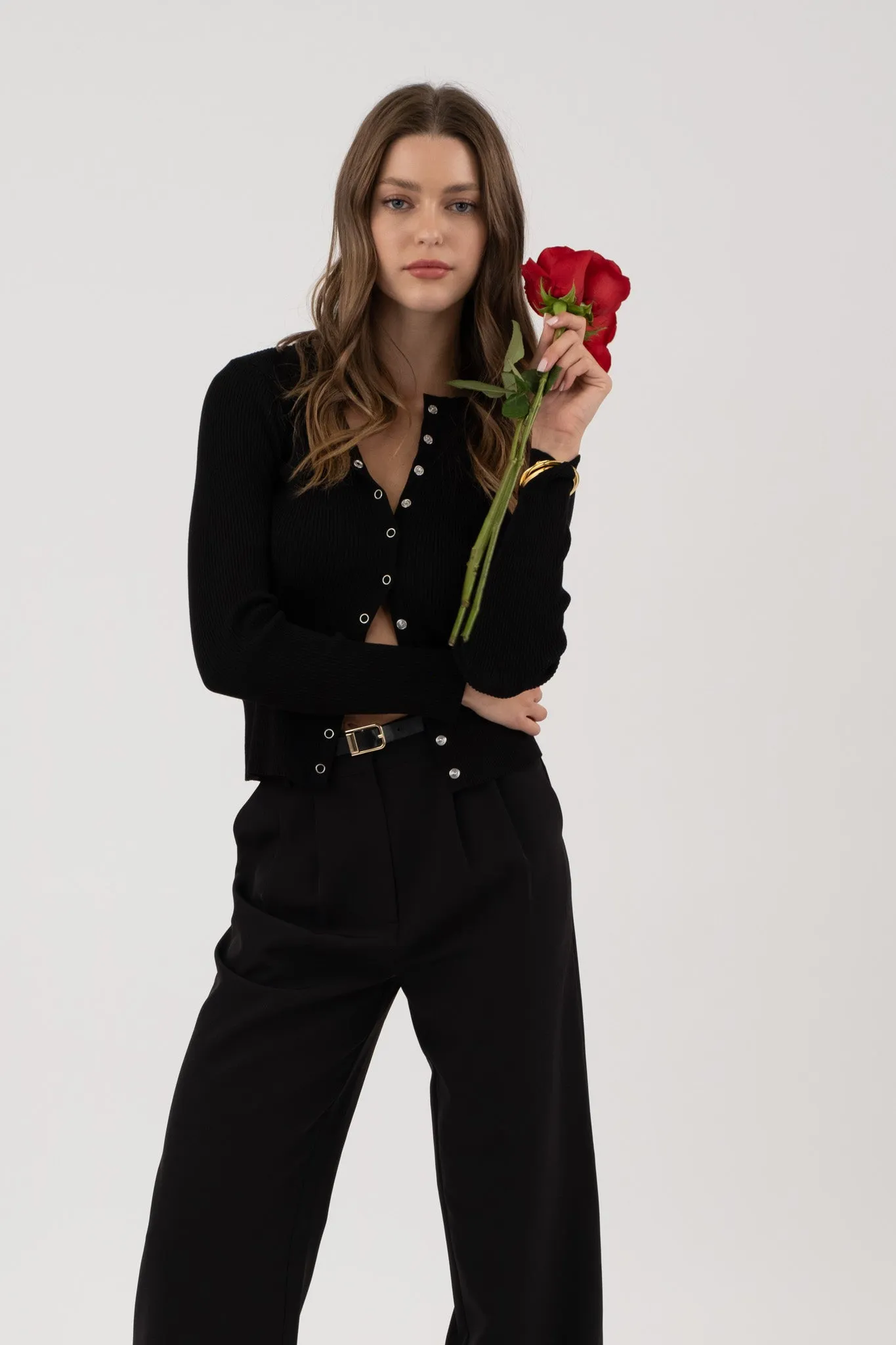 SNAP BUTTON DOWN ROUND NECK KNIT CARDIGAN sold by Blu Pepper