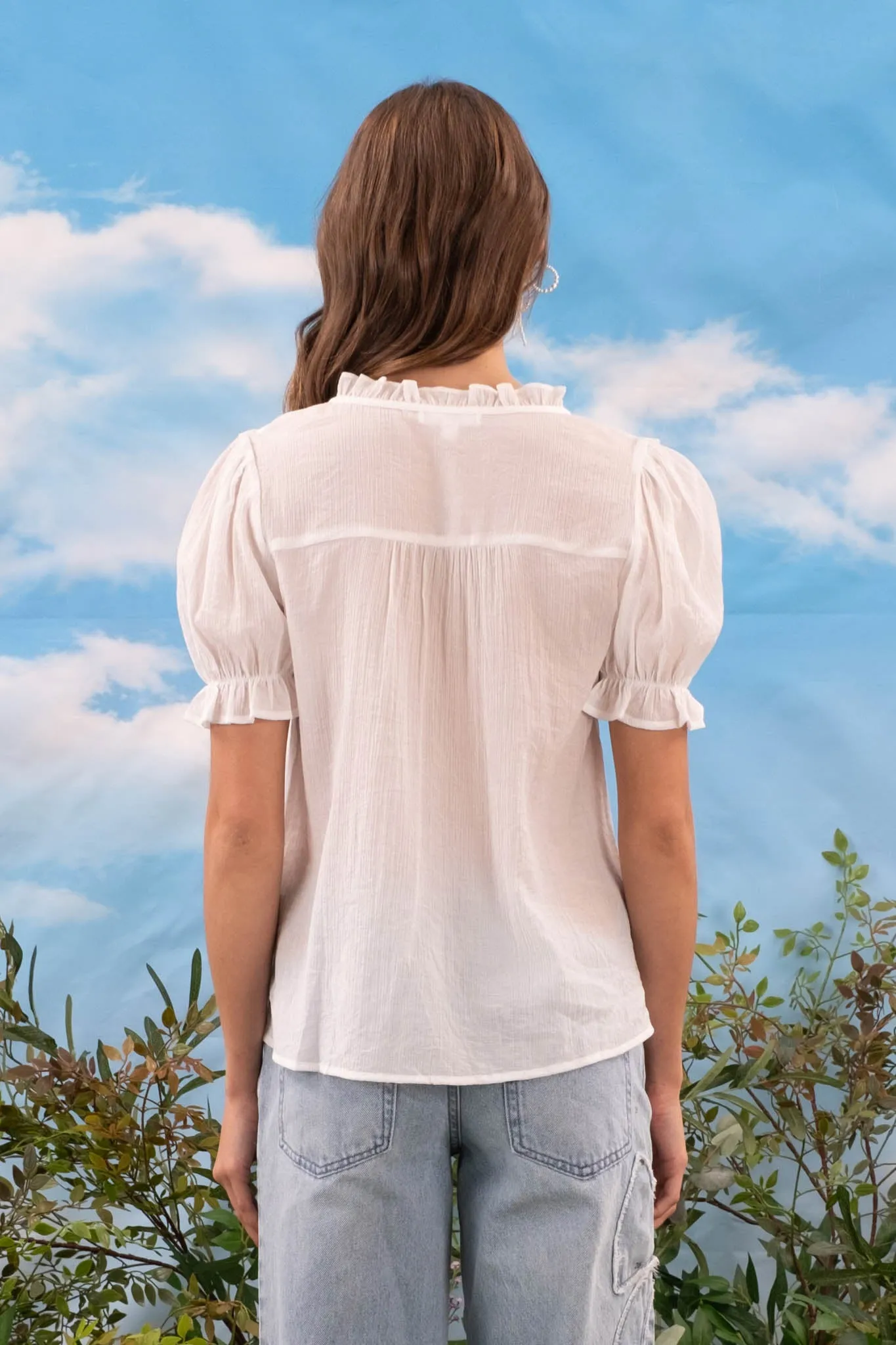 FRONT LACE YOKE DETAIL SHORT PUFF SLEEVE BLOUSE sold by Blu Pepper product image thumbnail 2