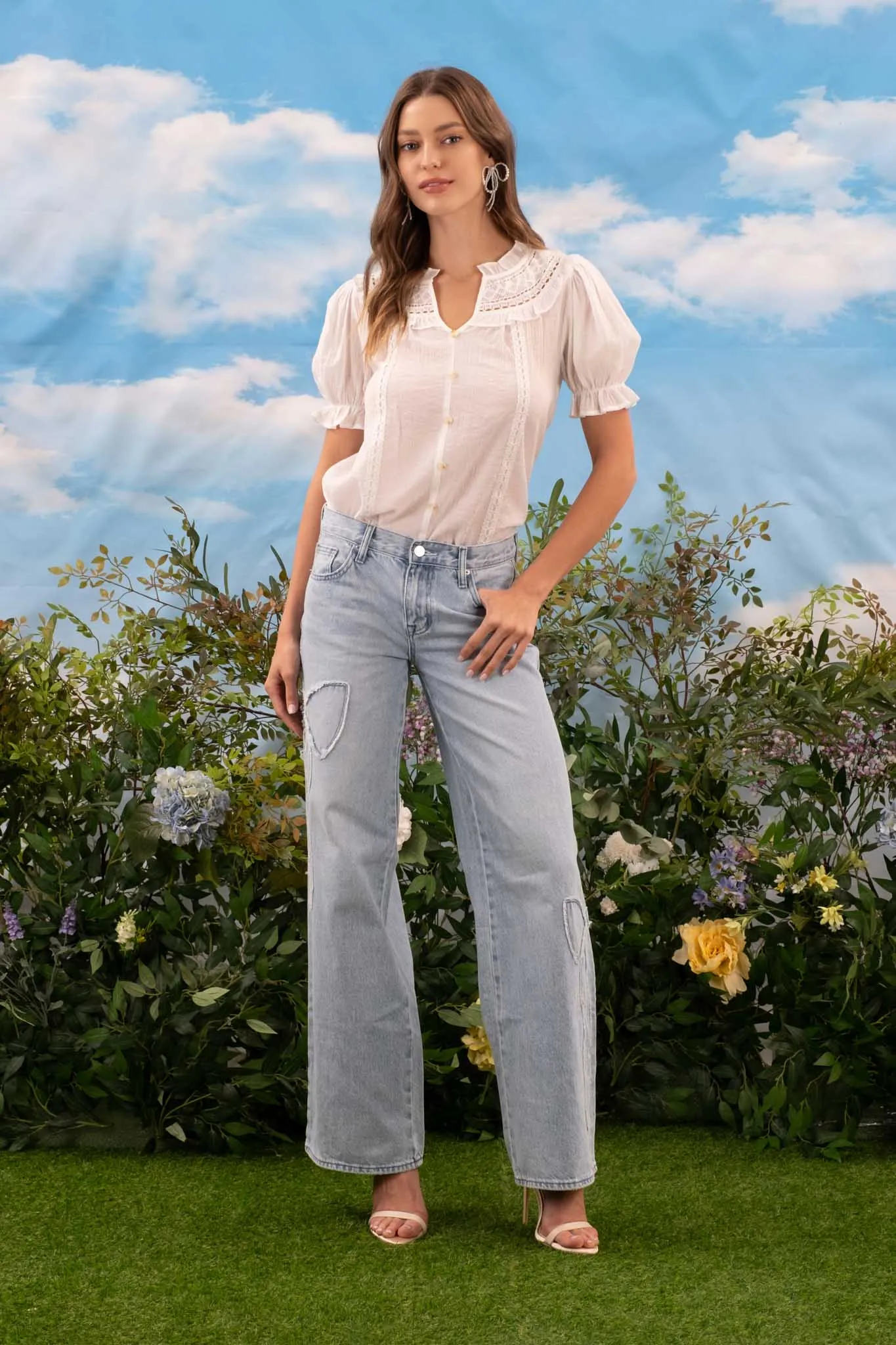 FRONT LACE YOKE DETAIL SHORT PUFF SLEEVE BLOUSE sold by Blu Pepper product image thumbnail 5