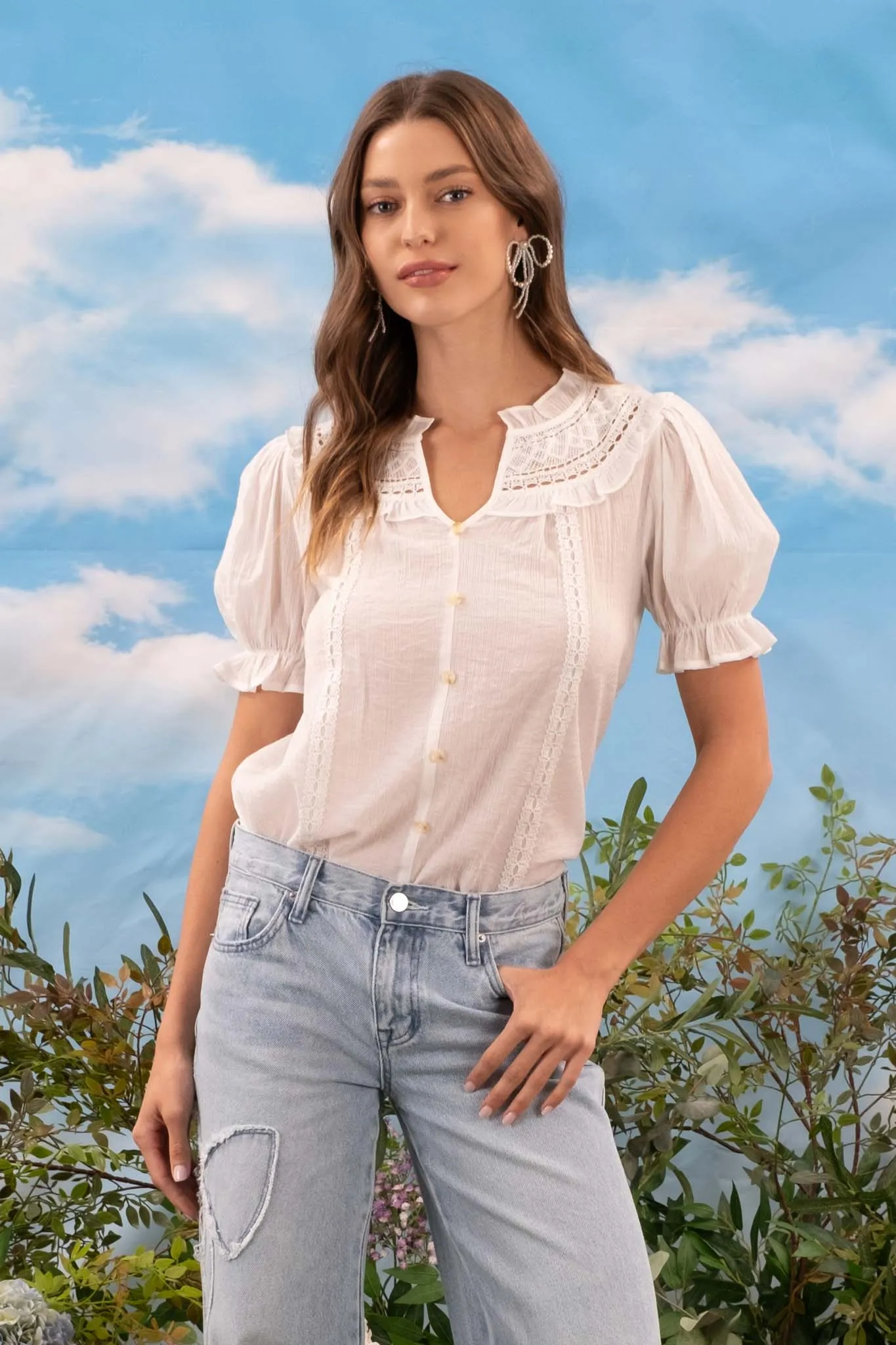 FRONT LACE YOKE DETAIL SHORT PUFF SLEEVE BLOUSE sold by Blu Pepper product image thumbnail 4