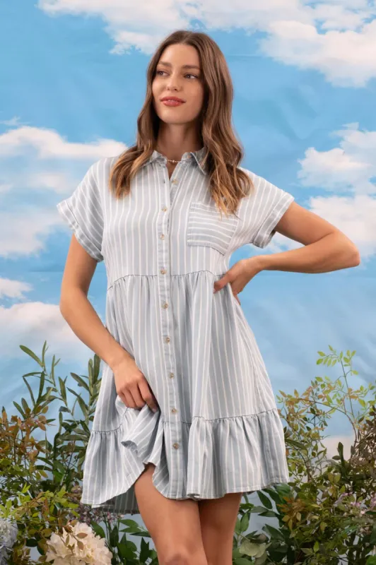 STRIPED BUTTON DOWN RUFFLE HEM MINI DRESS sold by Blu Pepper