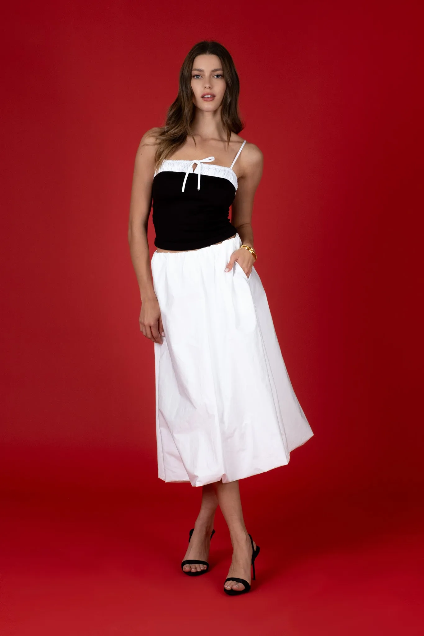 MIXED MEDIA FRONT TIE SLEEVELESS KNIT CROP TOP sold by Blu Pepper product image thumbnail 5