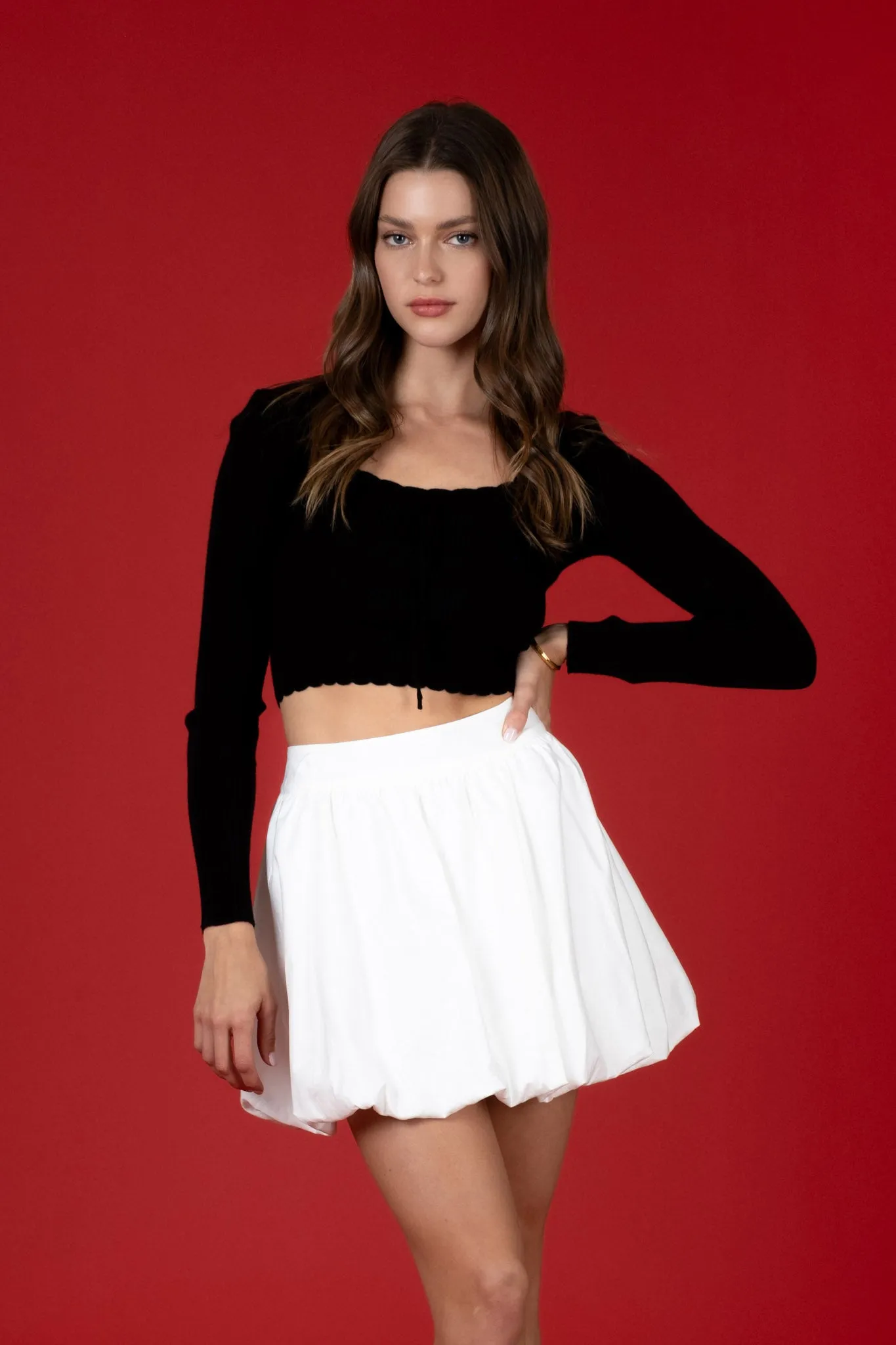 SCALLOP EDGE FRONT TIE LONG SLEEVE CROP TOP sold by Blu Pepper product image thumbnail 5