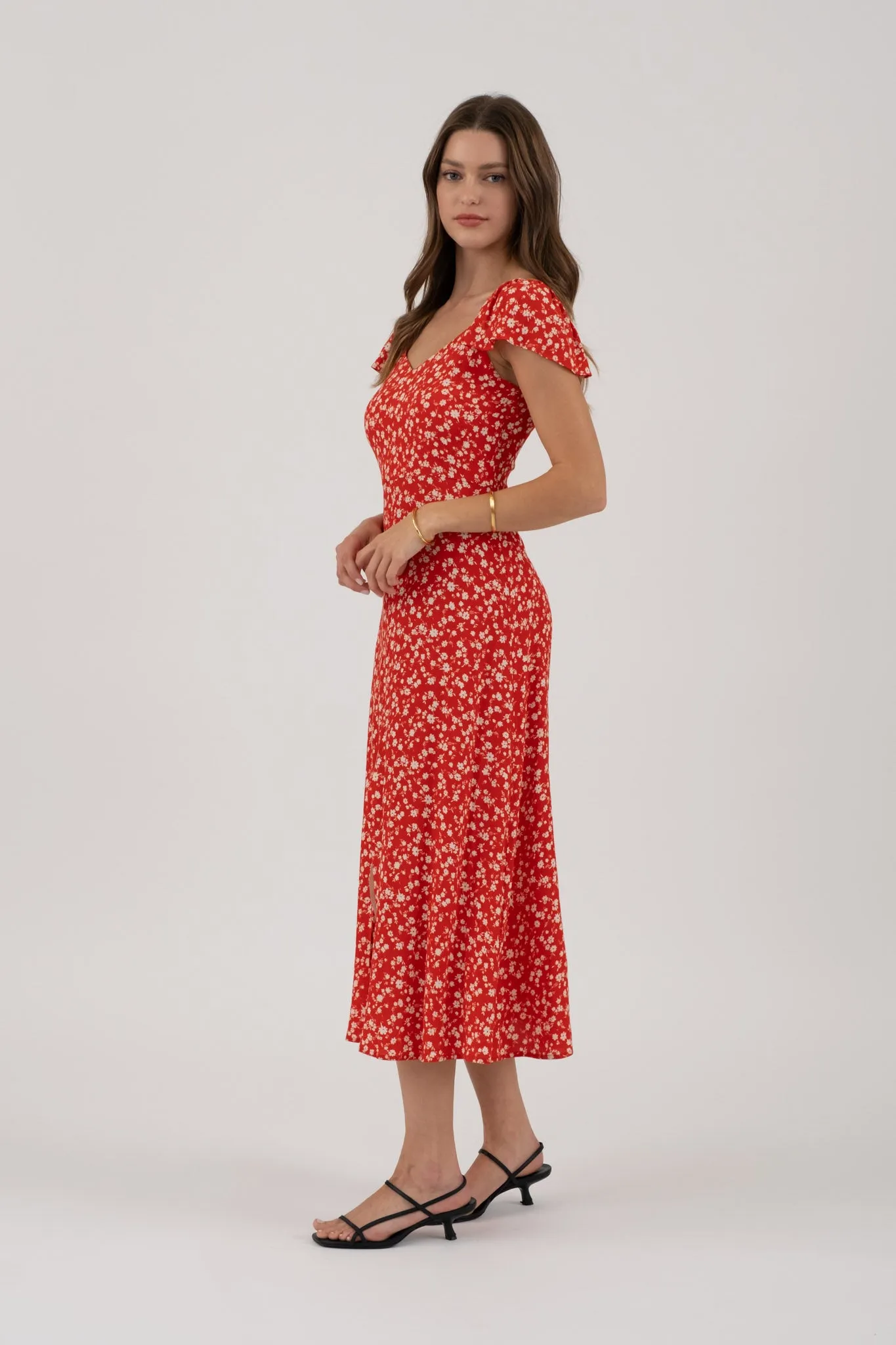 FLORAL SHORT SLEEVE FRONT SLIT MIDI DRESS sold by Blu Pepper product image thumbnail 3