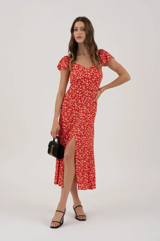 FLORAL SHORT SLEEVE FRONT SLIT MIDI DRESS sold by Blu Pepper