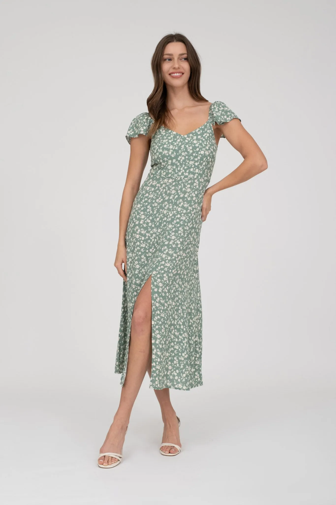 FLORAL SHORT SLEEVE FRONT SLIT MIDI DRESS sold by Blu Pepper product image thumbnail 5