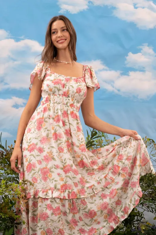 FLORAL SHORT SLEEVE RUFFLE DETAIL MIDI DRESS sold by Blu Pepper