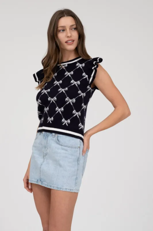 BOW PATTERN RUFFLE SLEEVE SWEATER KNIT TOP sold by Blu Pepper
