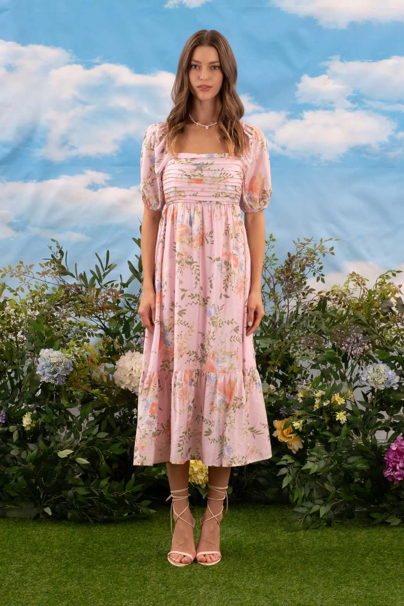 FLORAL PLEATED FRONT BALLOON SLEEVE MIDI DRESS sold by Blu Pepper product image thumbnail 4