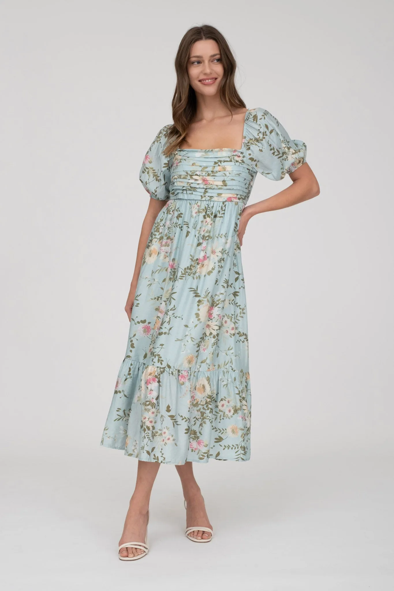 FLORAL PLEATED FRONT BALLOON SLEEVE MIDI DRESS sold by Blu Pepper product image thumbnail 5
