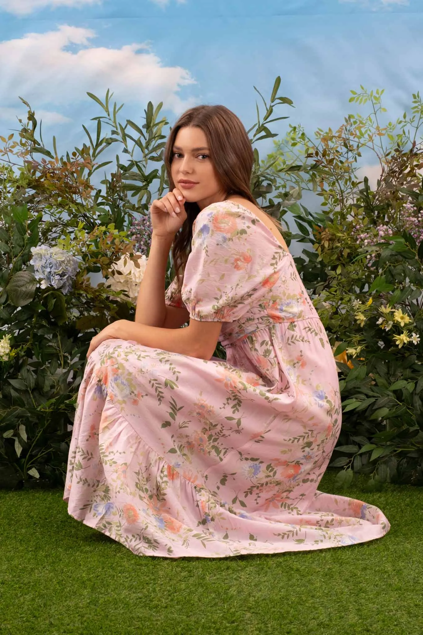 FLORAL PLEATED FRONT BALLOON SLEEVE MIDI DRESS sold by Blu Pepper