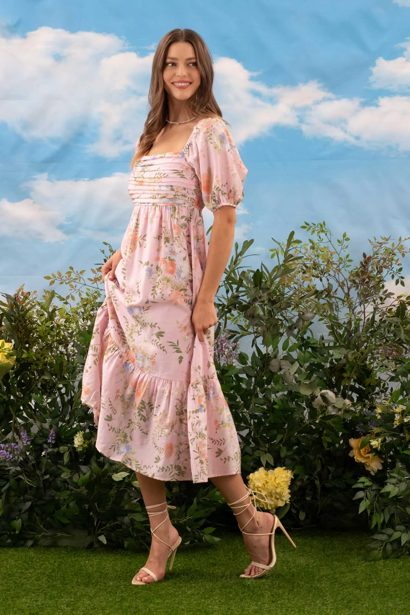 FLORAL PLEATED FRONT BALLOON SLEEVE MIDI DRESS sold by Blu Pepper product image thumbnail 3