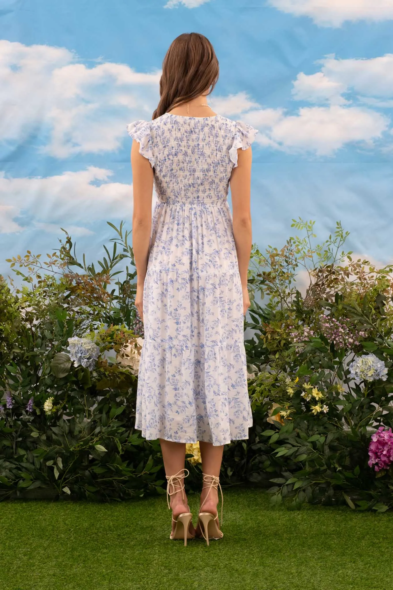 FLORAL V NECK SMOCKED SHORT SLEEVE MIDI DRESS sold by Blu Pepper product image thumbnail 5
