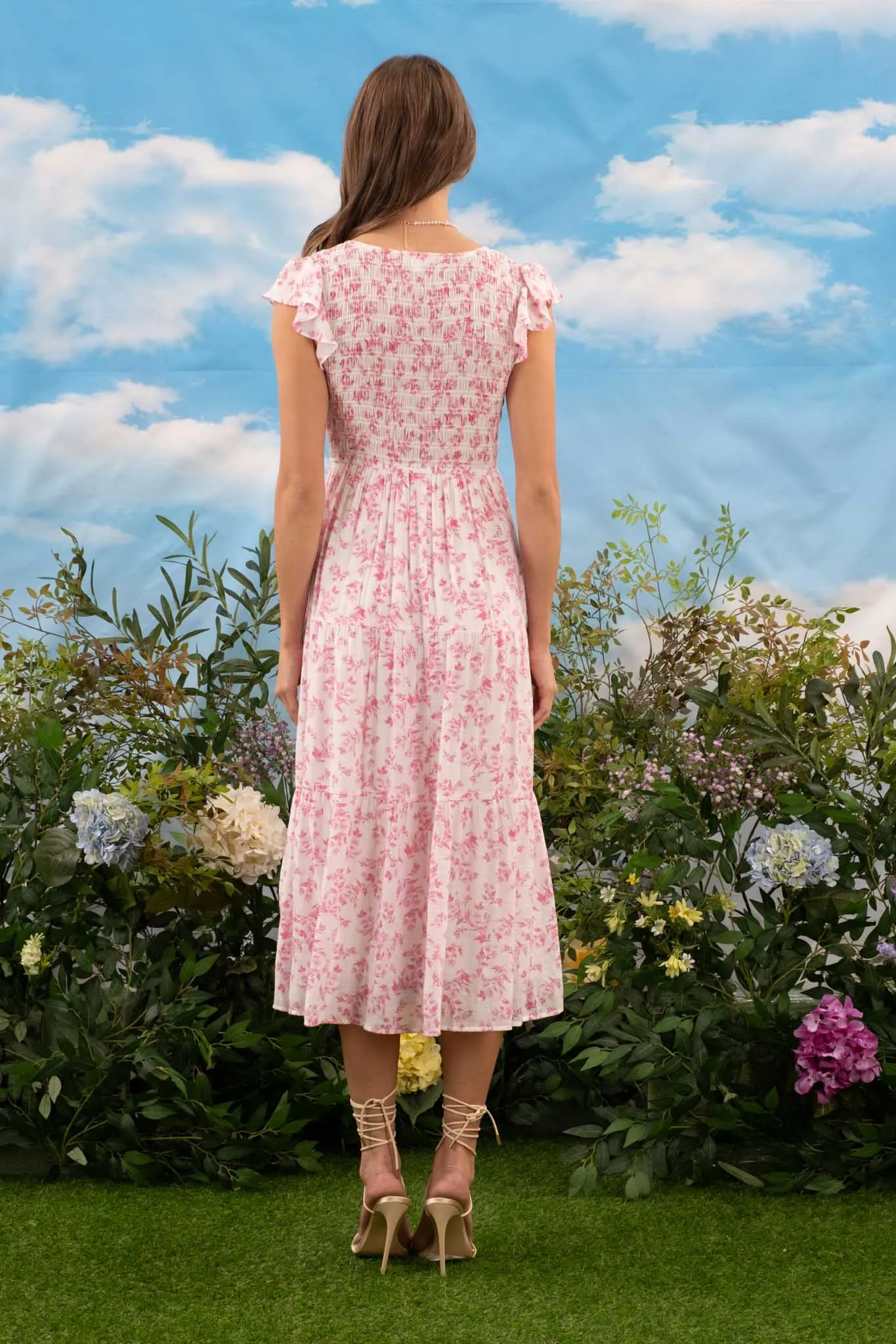 FLORAL V NECK SMOCKED SHORT SLEEVE MIDI DRESS sold by Blu Pepper product image thumbnail 2