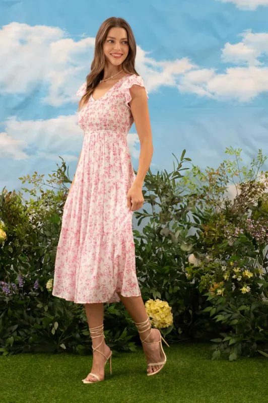 FLORAL V NECK SMOCKED SHORT SLEEVE MIDI DRESS sold by Blu Pepper