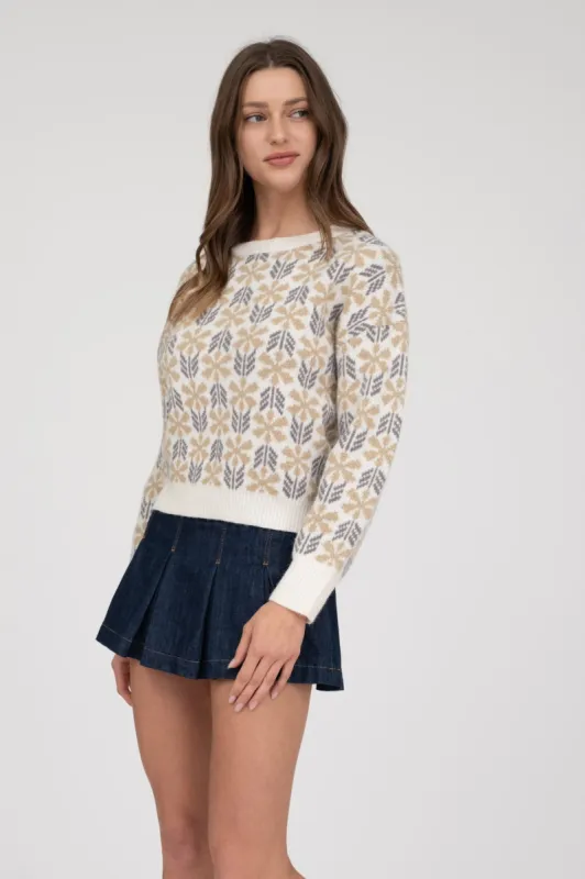 GEO FLORAL PATTERN LONG SLEEVE KNIT PULLOVER sold by Blu Pepper