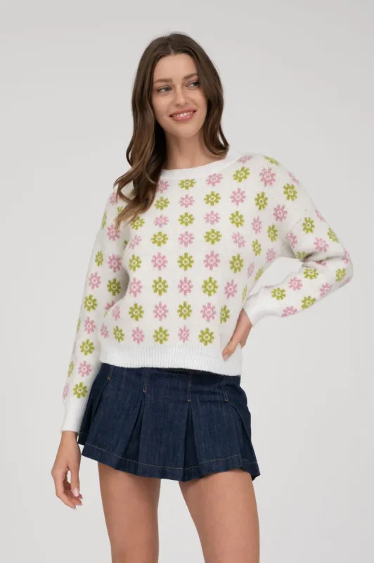 MULTICOLOR FLORAL PRINT LONG SLEEVE KNIT PULLOVER sold by Blu Pepper