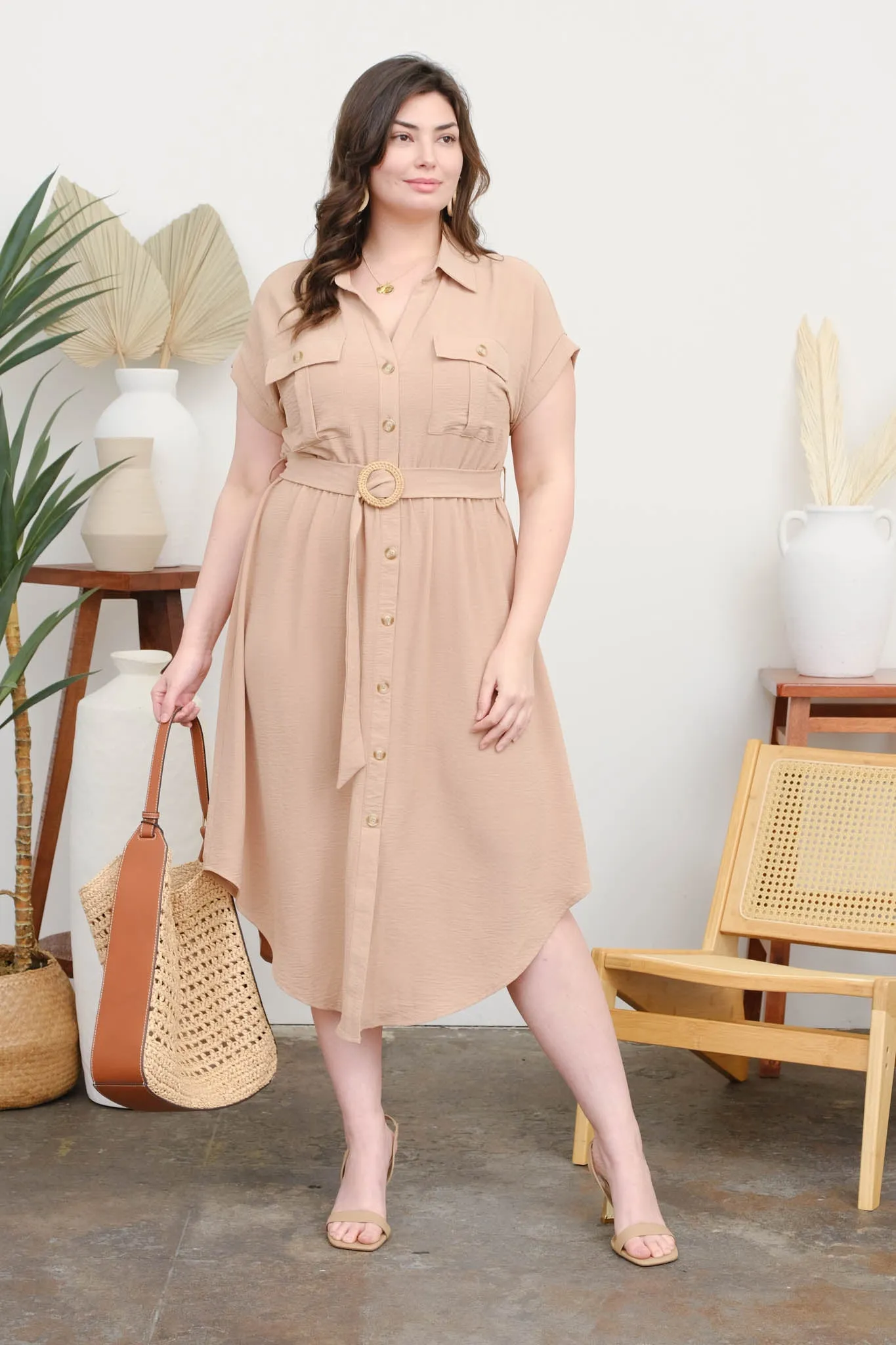 PLUS COLLARED BUTTON DOWN BELTED MIDI DRESS sold by Blu Pepper product image thumbnail 5