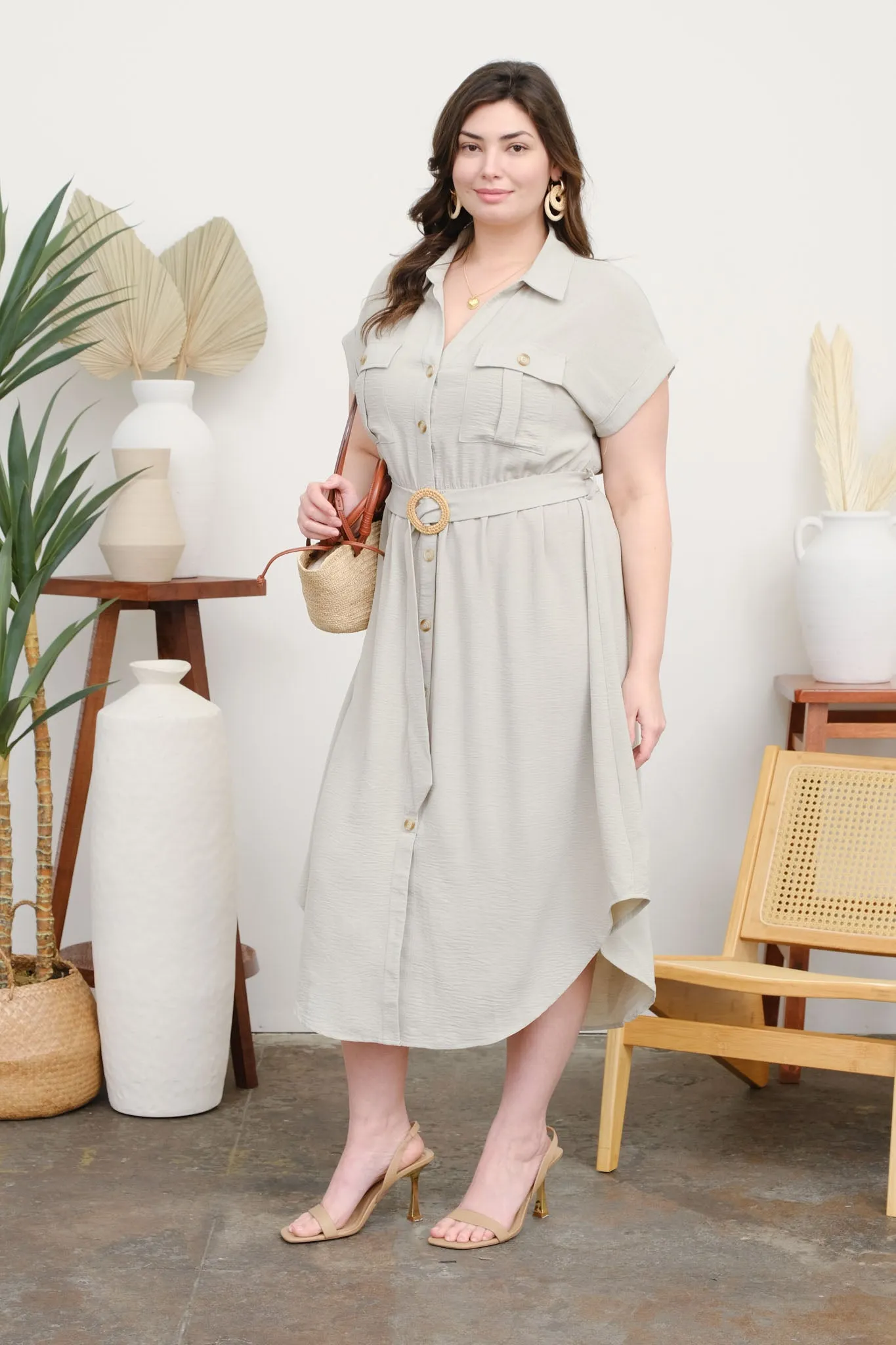 PLUS COLLARED BUTTON DOWN BELTED MIDI DRESS sold by Blu Pepper product image thumbnail 3