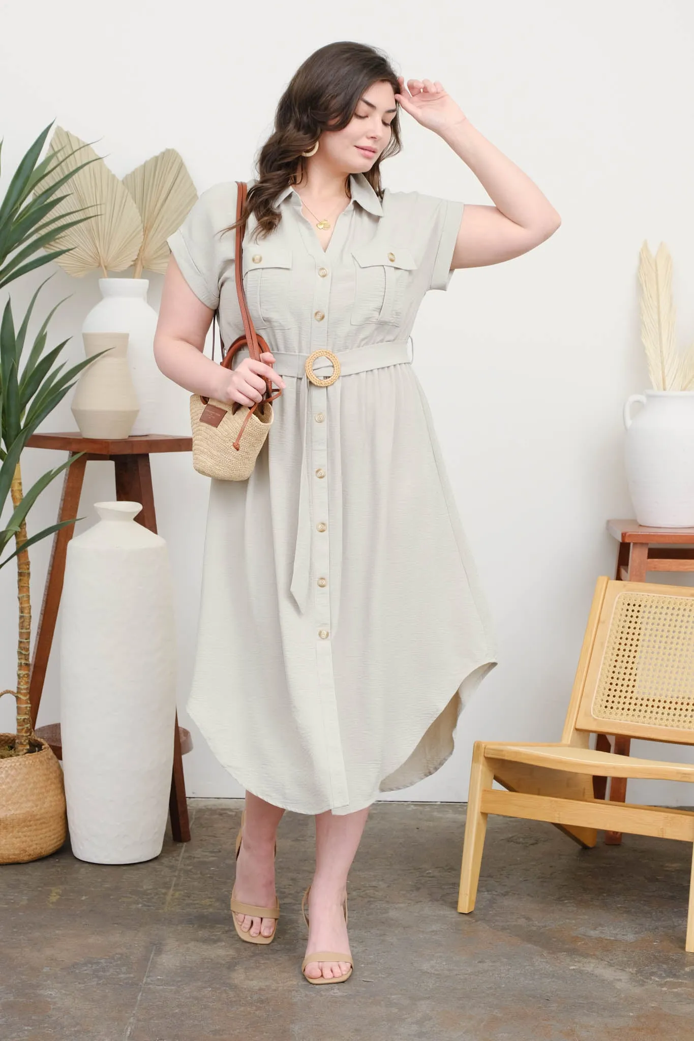 PLUS COLLARED BUTTON DOWN BELTED MIDI DRESS sold by Blu Pepper product image thumbnail 4