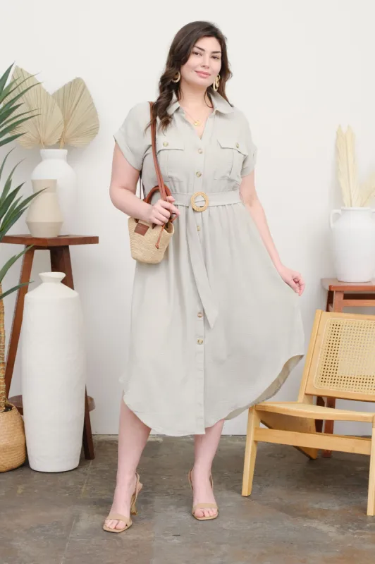 PLUS COLLARED BUTTON DOWN BELTED MIDI DRESS made by Blu Pepper