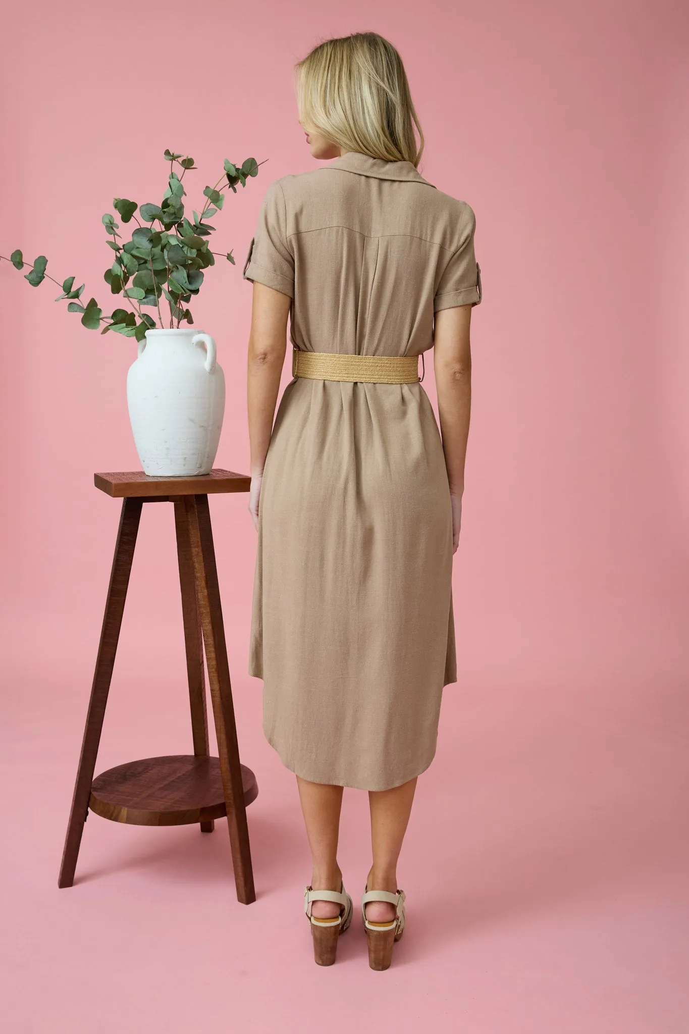 COLLARED BUTTON DOWN TAB SLEEVE BELTED MIDI DRESS sold by Blu Pepper product image thumbnail 2
