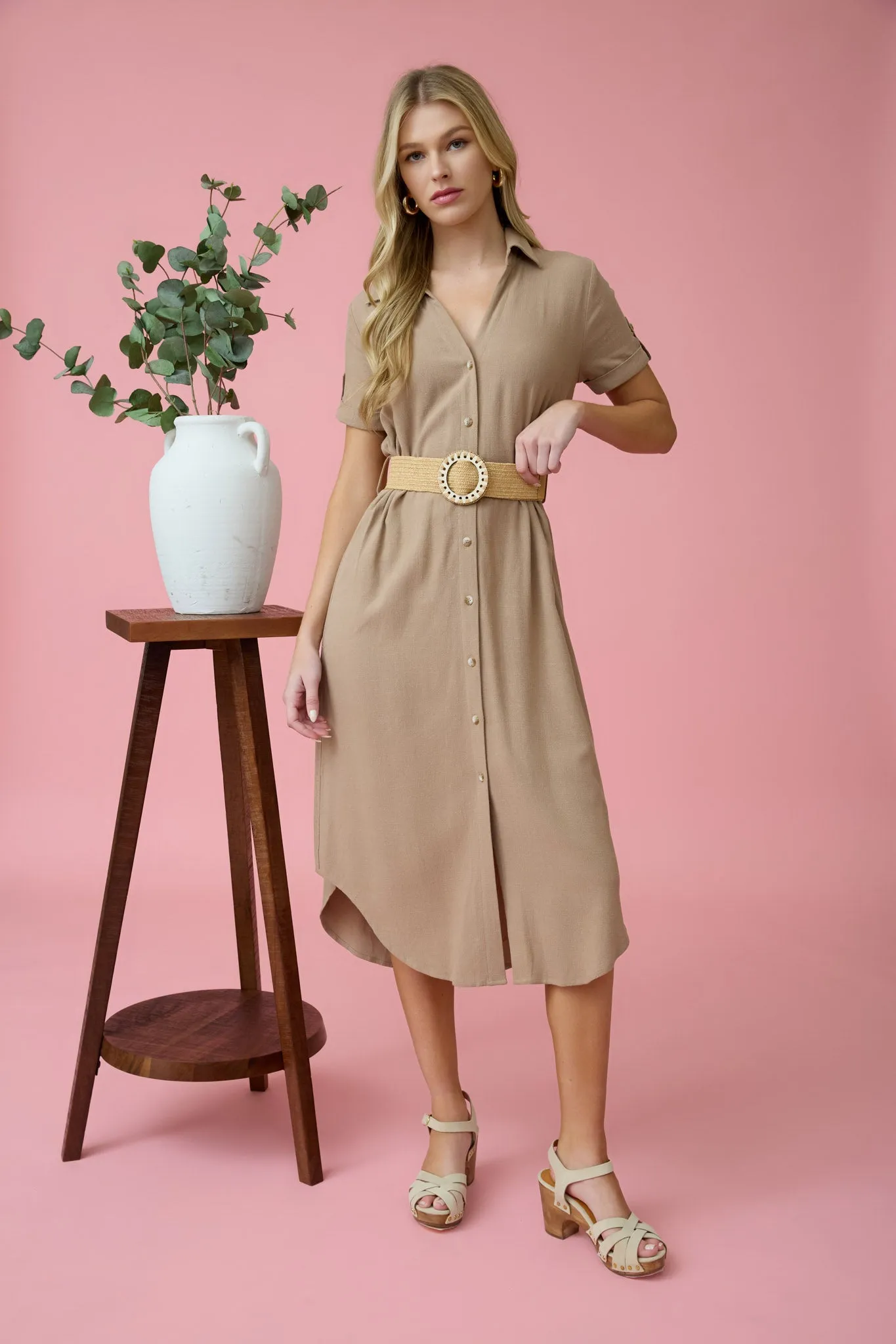 COLLARED BUTTON DOWN TAB SLEEVE BELTED MIDI DRESS sold by Blu Pepper product image thumbnail 5