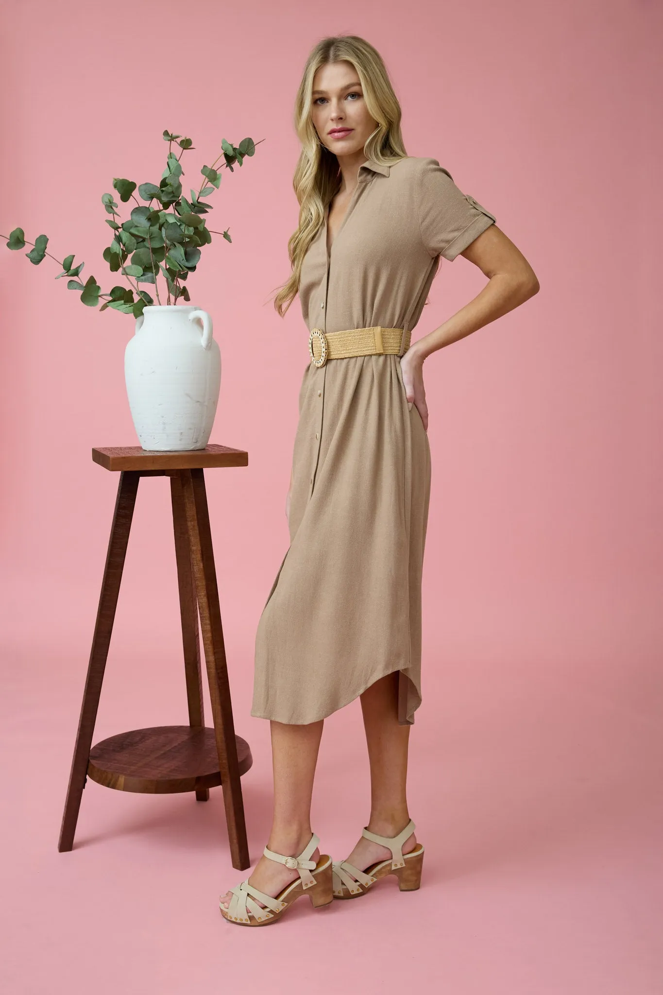 COLLARED BUTTON DOWN TAB SLEEVE BELTED MIDI DRESS sold by Blu Pepper product image thumbnail 3