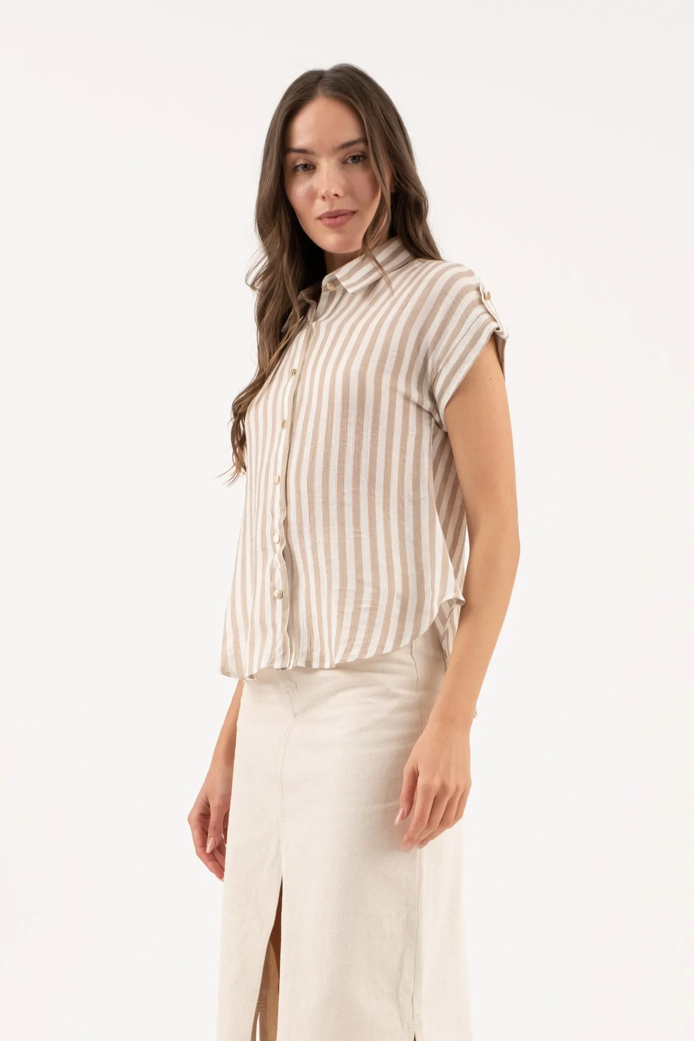 STRIPE SHORT TAB SLEEVE BUTTON DOWN SHIRT sold by Blu Pepper product image thumbnail 3