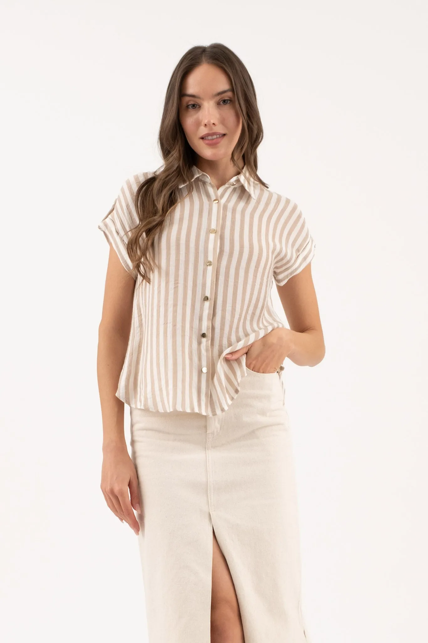 STRIPE SHORT TAB SLEEVE BUTTON DOWN SHIRT sold by Blu Pepper product image thumbnail 4