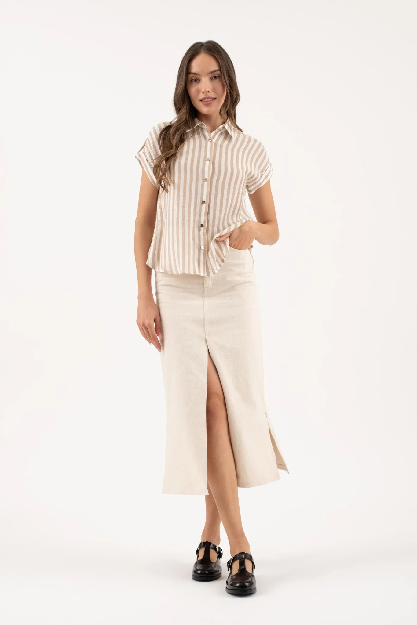 STRIPE SHORT TAB SLEEVE BUTTON DOWN SHIRT sold by Blu Pepper product image thumbnail 5