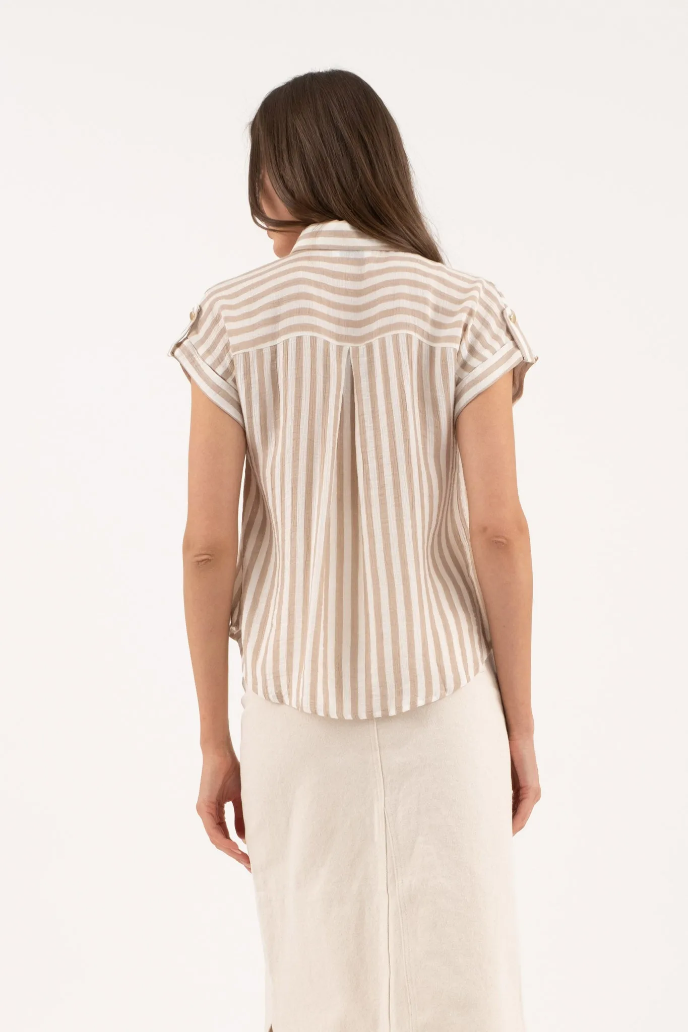 STRIPE SHORT TAB SLEEVE BUTTON DOWN SHIRT sold by Blu Pepper product image thumbnail 2