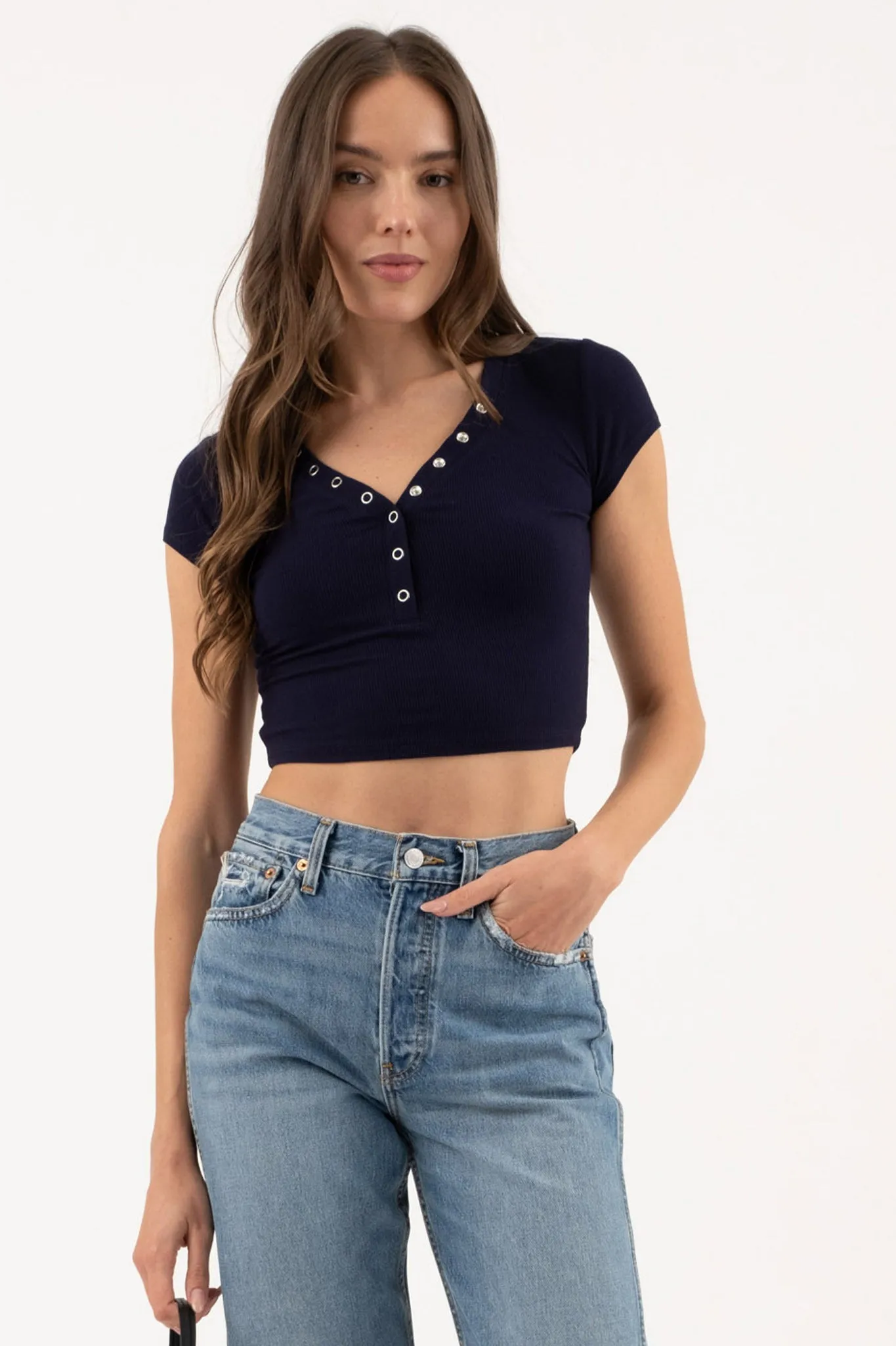 SNAP BUTTON SHORT SLEEVE HENLEY KNIT CROP TOP sold by Blu Pepper