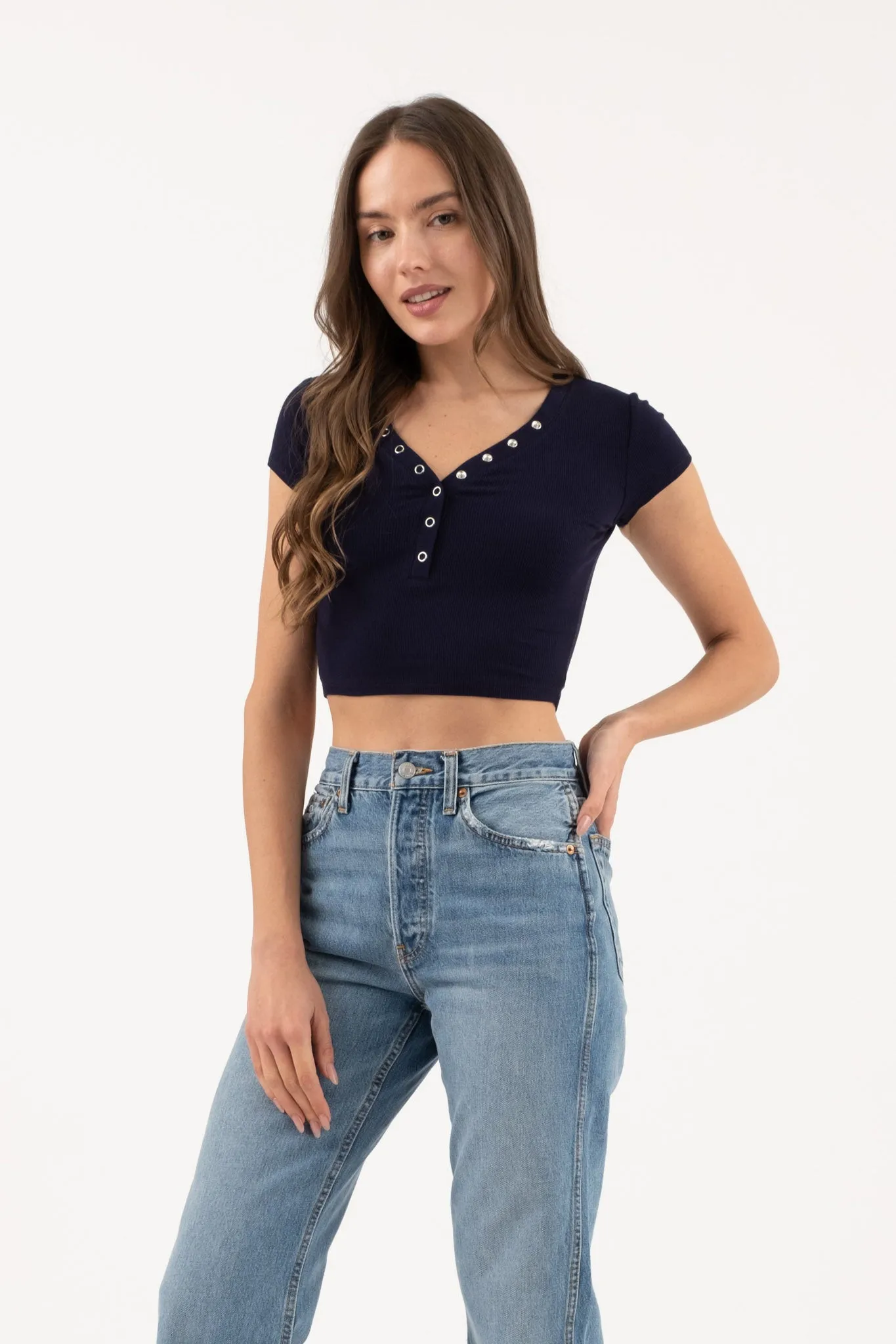 SNAP BUTTON SHORT SLEEVE HENLEY KNIT CROP TOP sold by Blu Pepper product image thumbnail 3