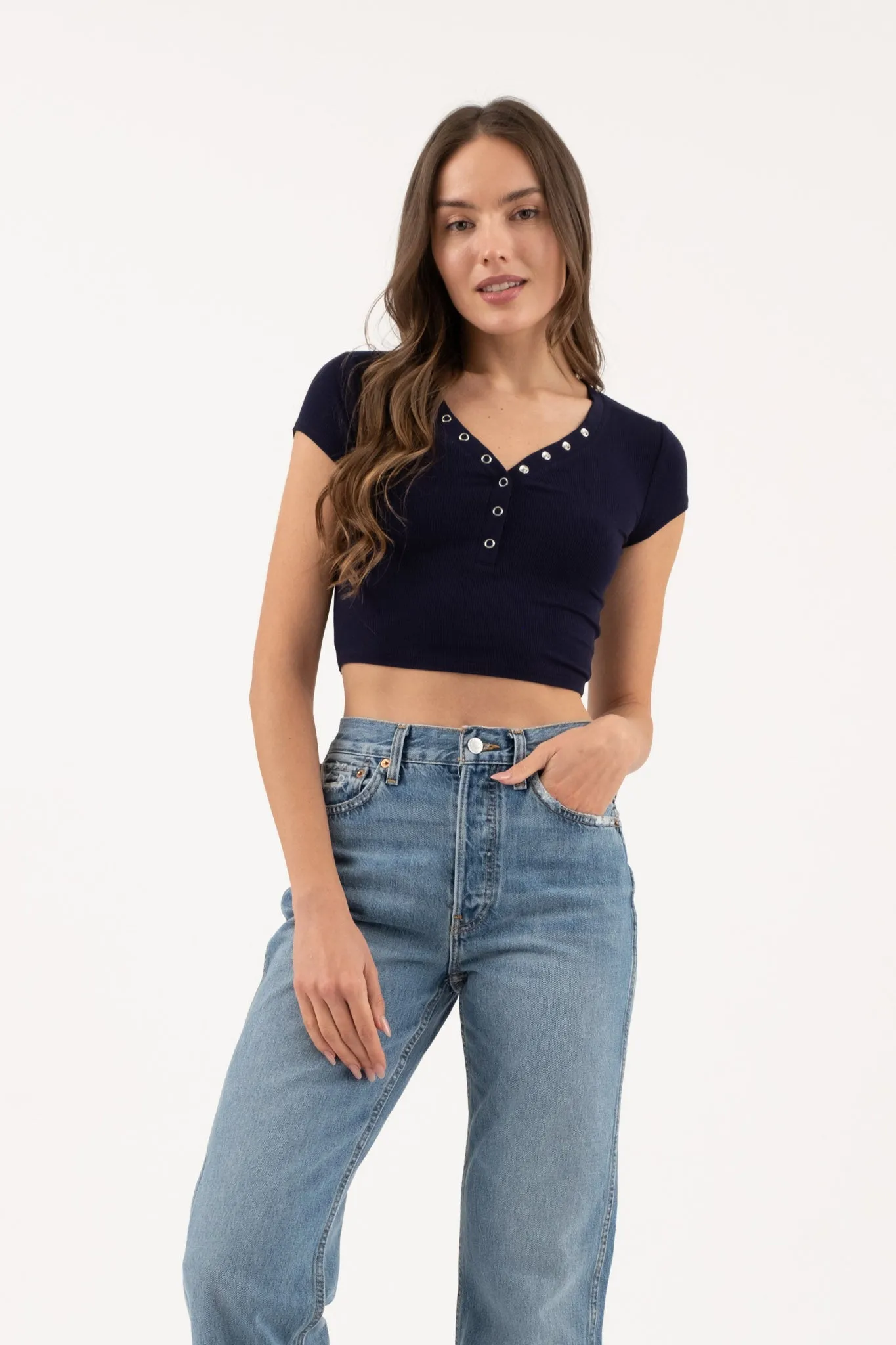 SNAP BUTTON SHORT SLEEVE HENLEY KNIT CROP TOP sold by Blu Pepper product image thumbnail 5