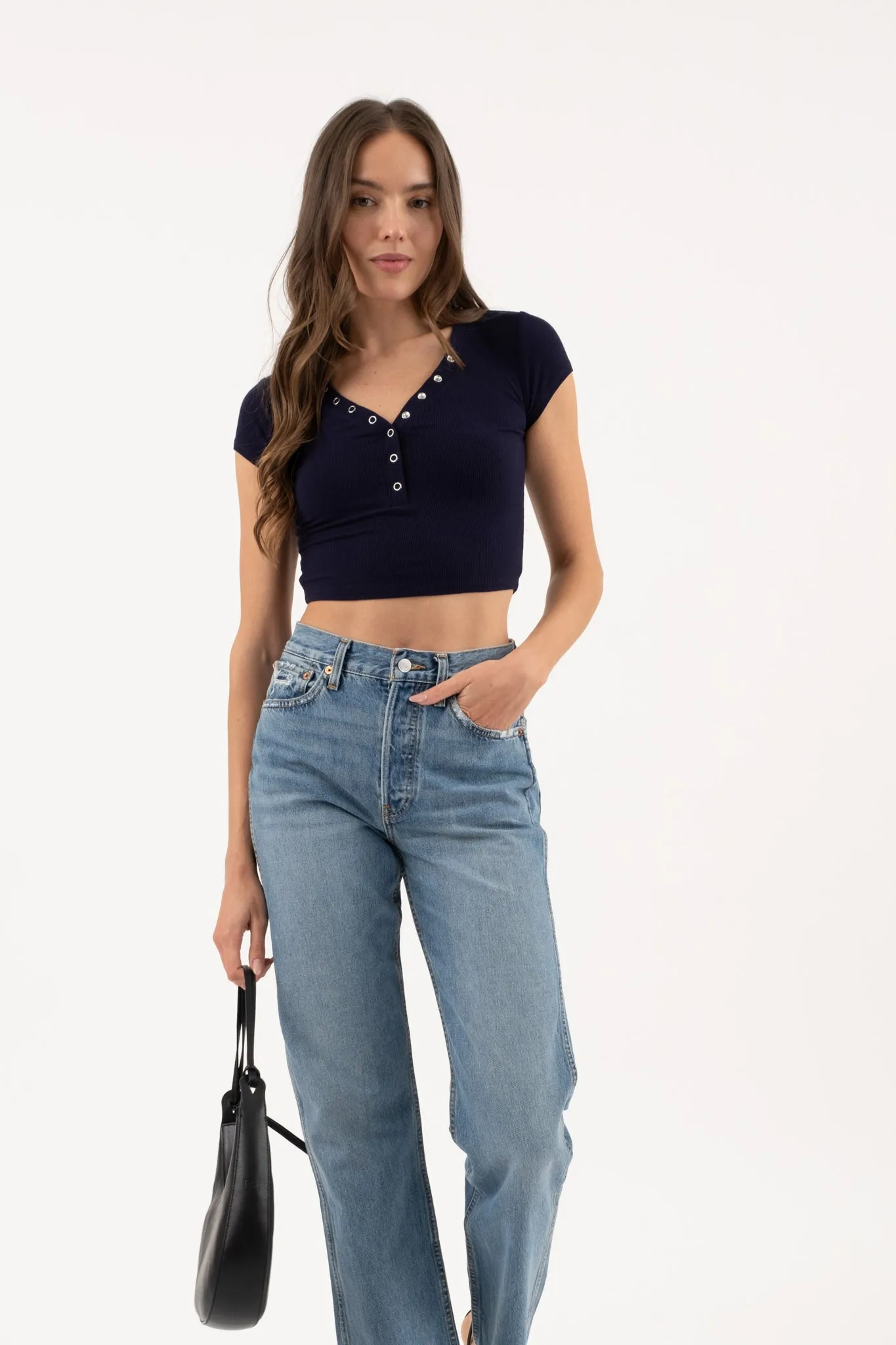 SNAP BUTTON SHORT SLEEVE HENLEY KNIT CROP TOP sold by Blu Pepper product image thumbnail 4