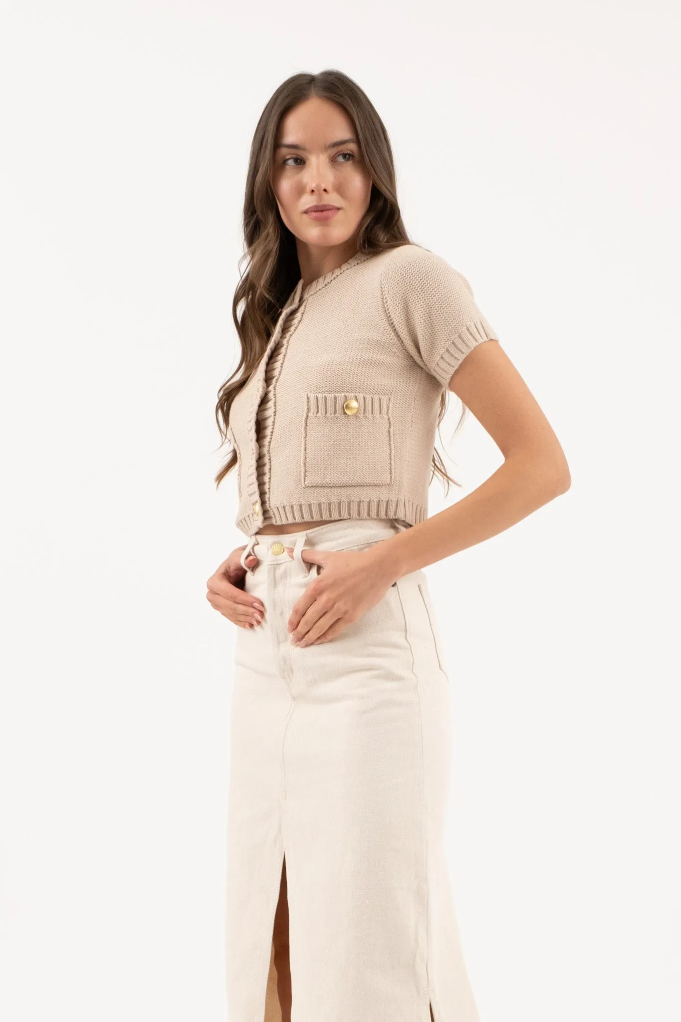 GOLD BUTTON SHORT SLEEVE KNIT CROPPED CARDIGAN sold by Blu Pepper product image thumbnail 3