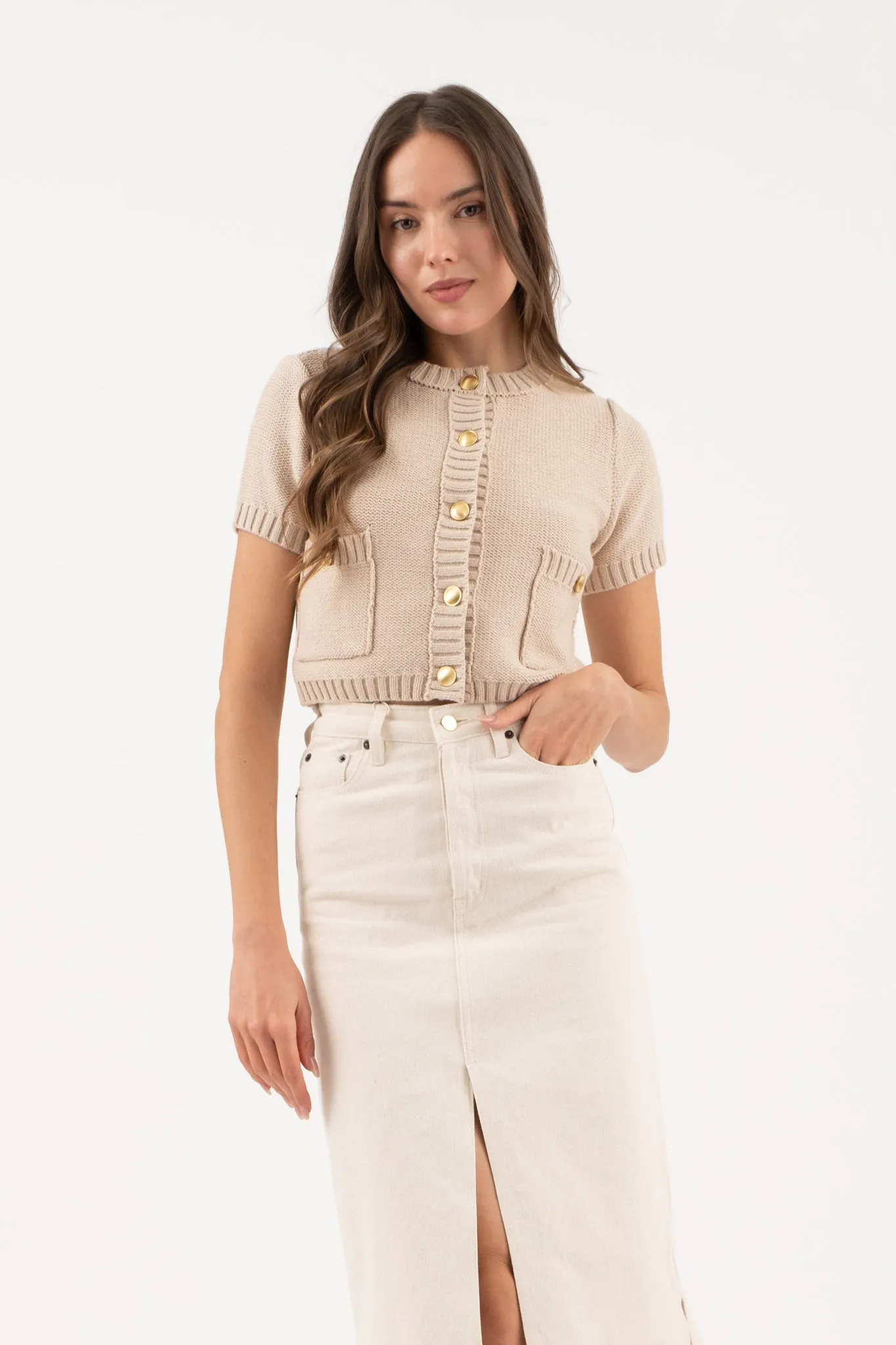 GOLD BUTTON SHORT SLEEVE KNIT CROPPED CARDIGAN sold by Blu Pepper product image thumbnail 4