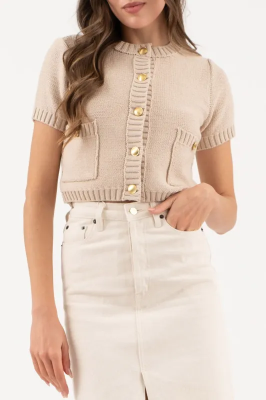 GOLD BUTTON SHORT SLEEVE KNIT CROPPED CARDIGAN sold by Blu Pepper