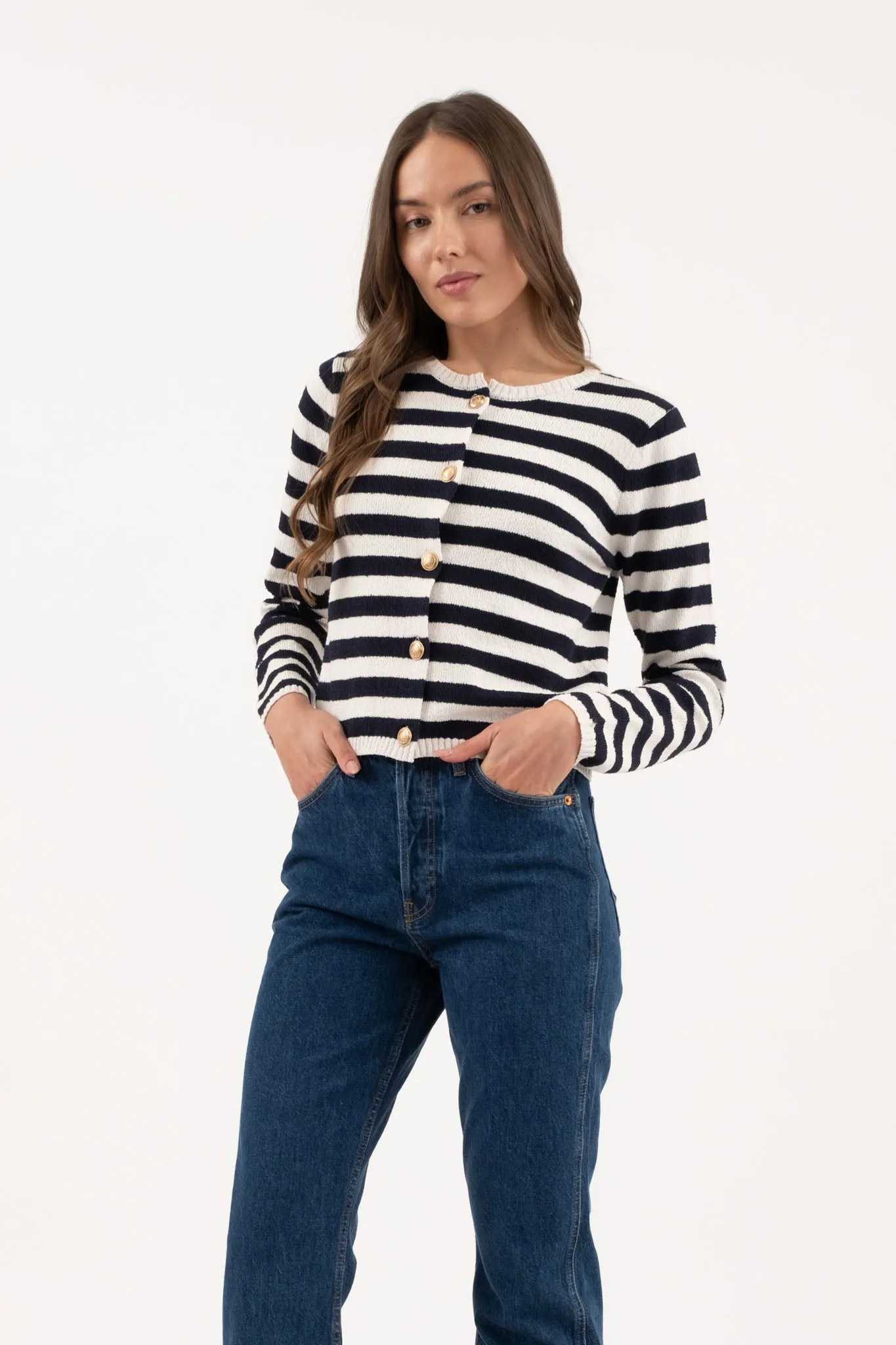 STRIPE ROUND NECK BUTTON DOWN CARDIGAN SWEATER sold by Blu Pepper product image thumbnail 4