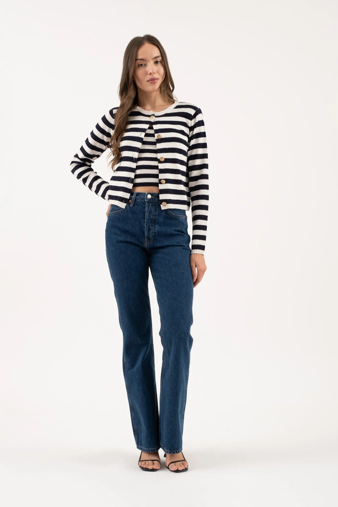 STRIPE ROUND NECK BUTTON DOWN CARDIGAN SWEATER sold by Blu Pepper product image thumbnail 5