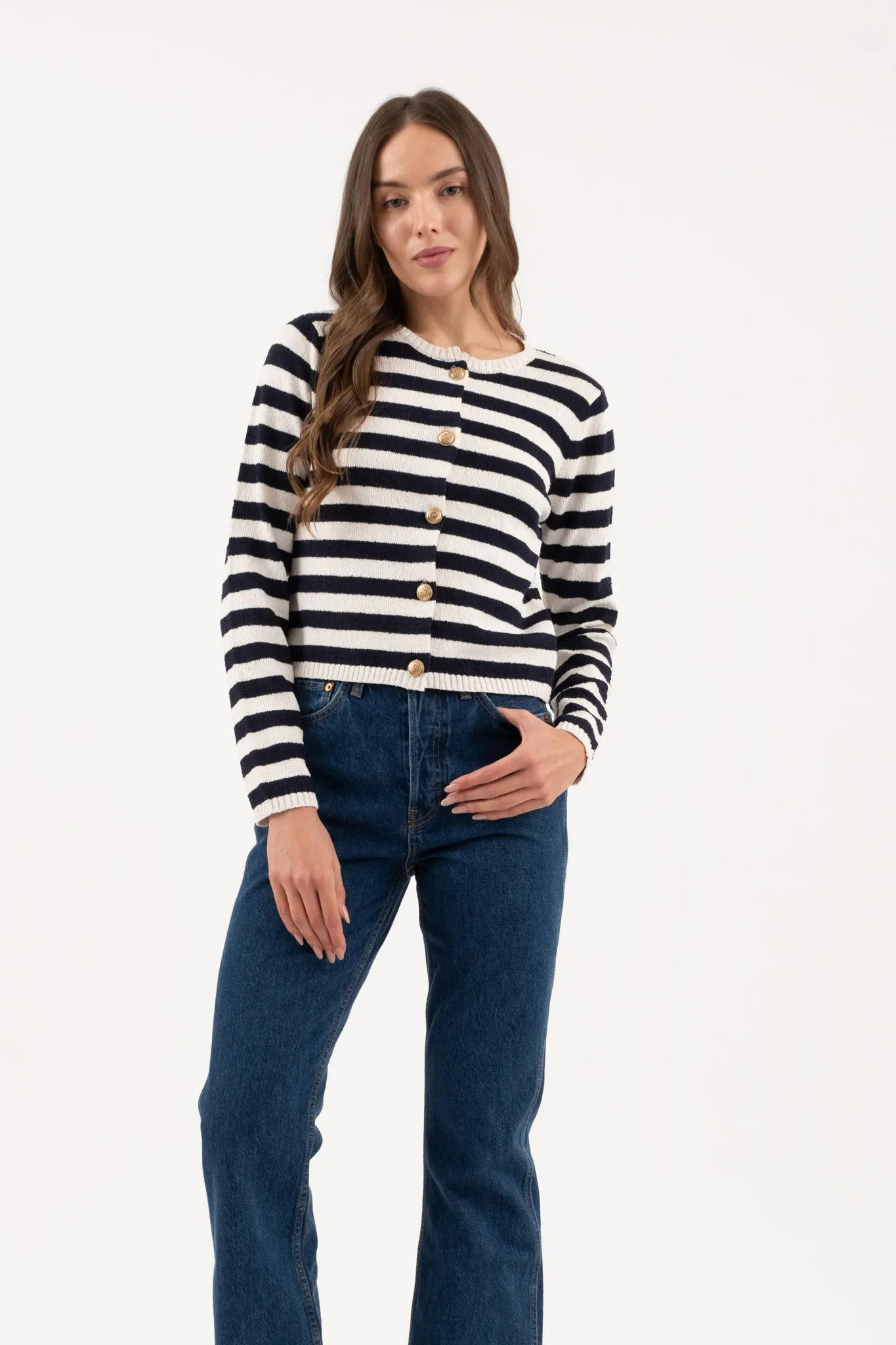 STRIPE ROUND NECK BUTTON DOWN CARDIGAN SWEATER sold by Blu Pepper product image thumbnail 3