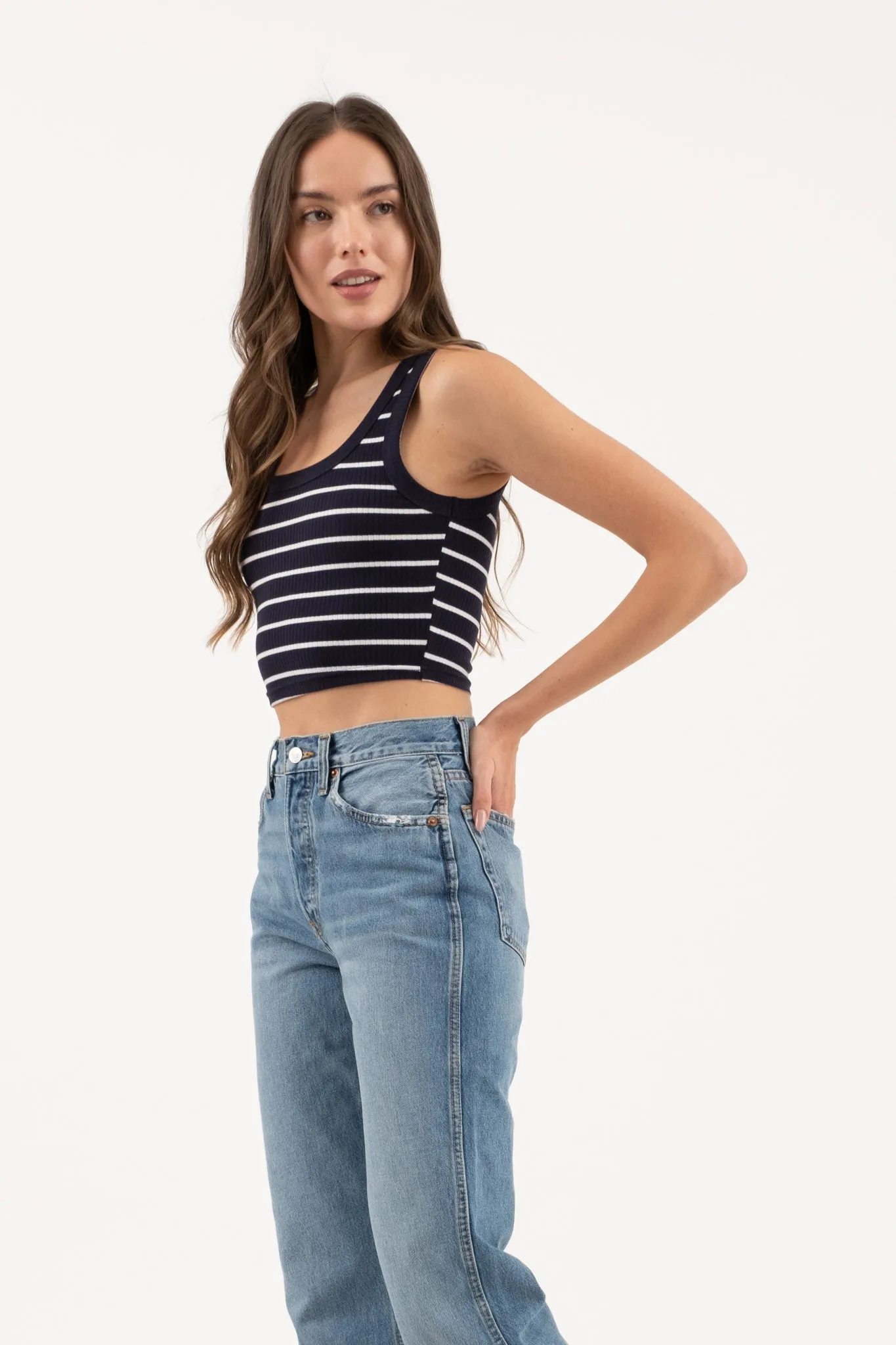 STRIPE SLEEVELESS KNIT CROP TANK TOP sold by Blu Pepper product image thumbnail 5