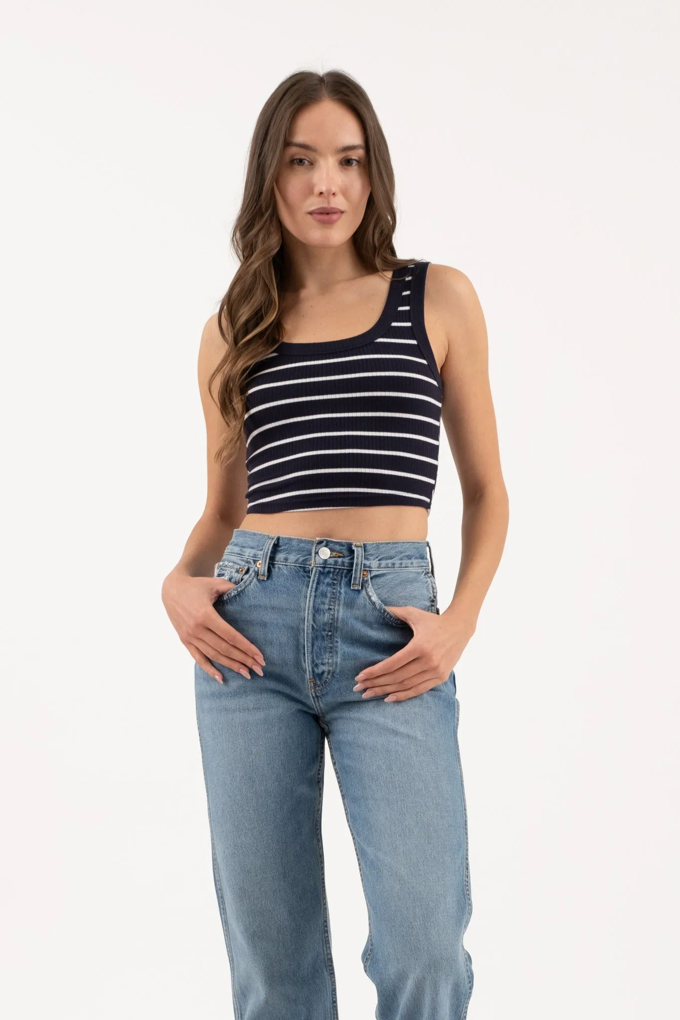 STRIPE SLEEVELESS KNIT CROP TANK TOP sold by Blu Pepper product image thumbnail 4