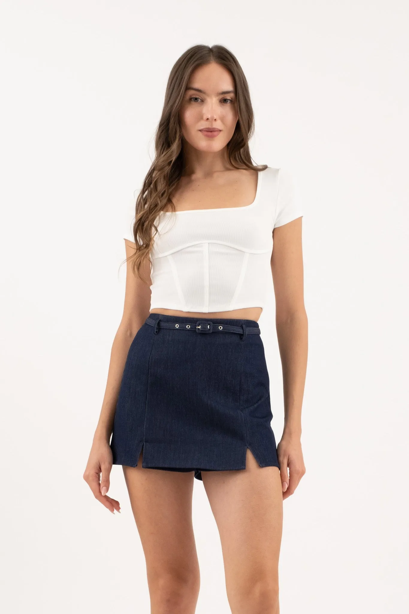 CORSET DETAIL SHORT SLEEVE KNIT CROP TOP sold by Blu Pepper product image thumbnail 4
